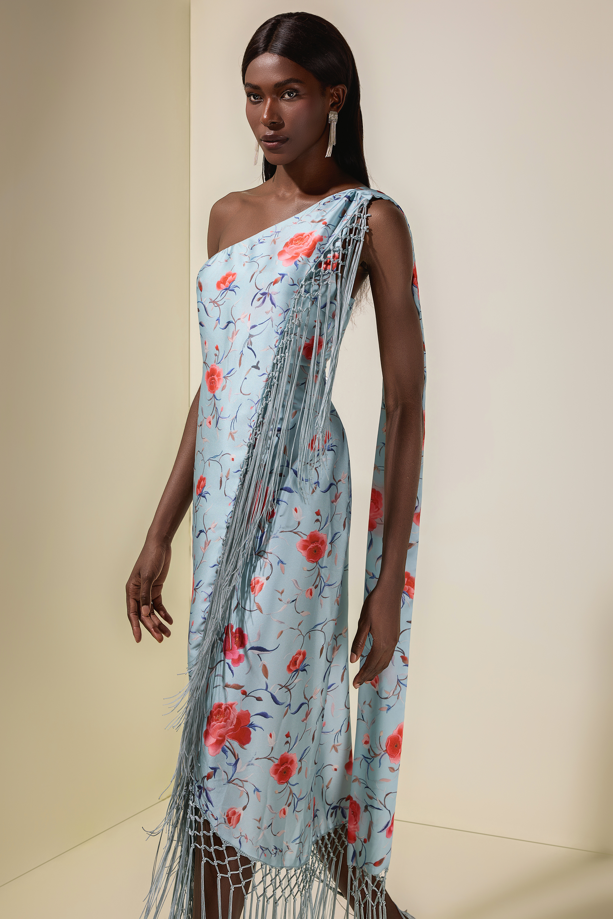 Floral Tassel Halter Neck Satin Midi Dress