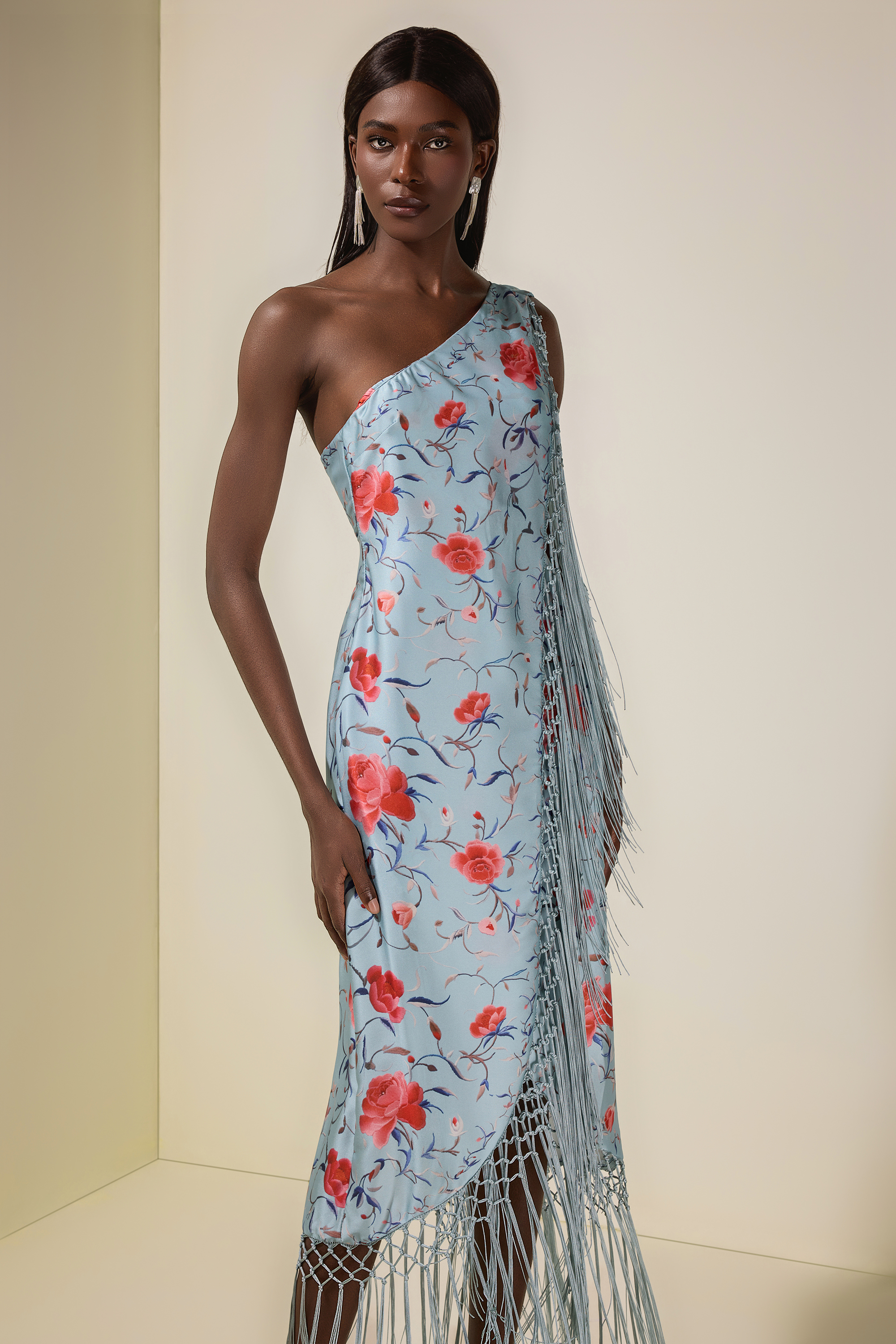 Floral Tassel Halter Neck Satin Midi Dress