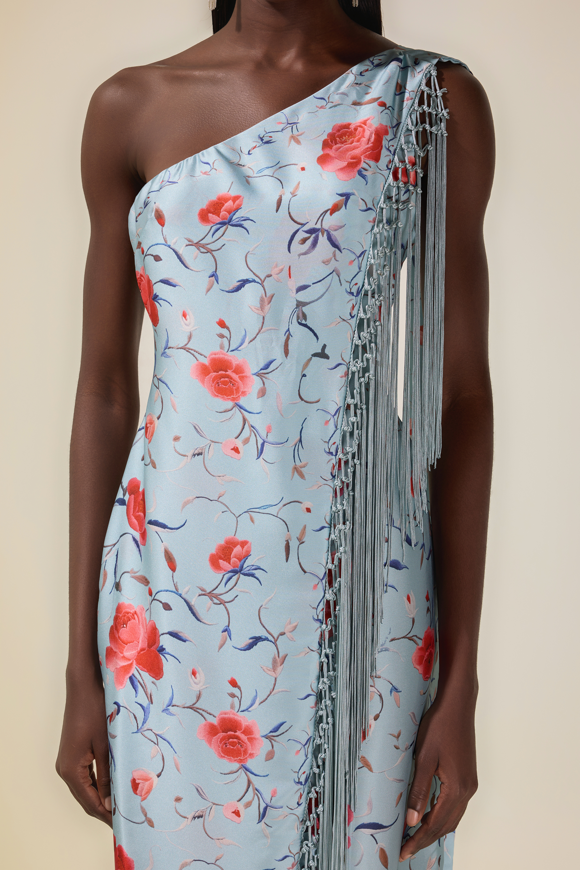 Floral Tassel Halter Neck Satin Midi Dress