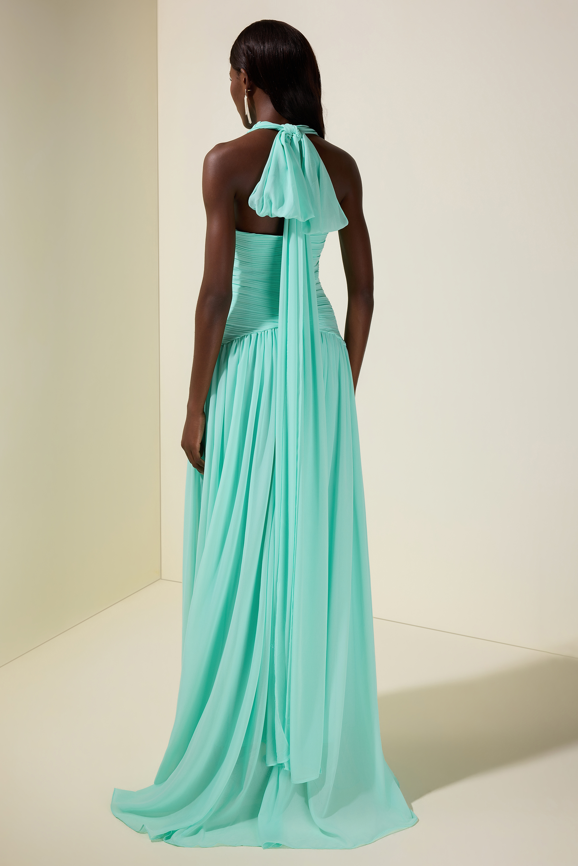 Pleated Halter Neck Backless Maxi Dress