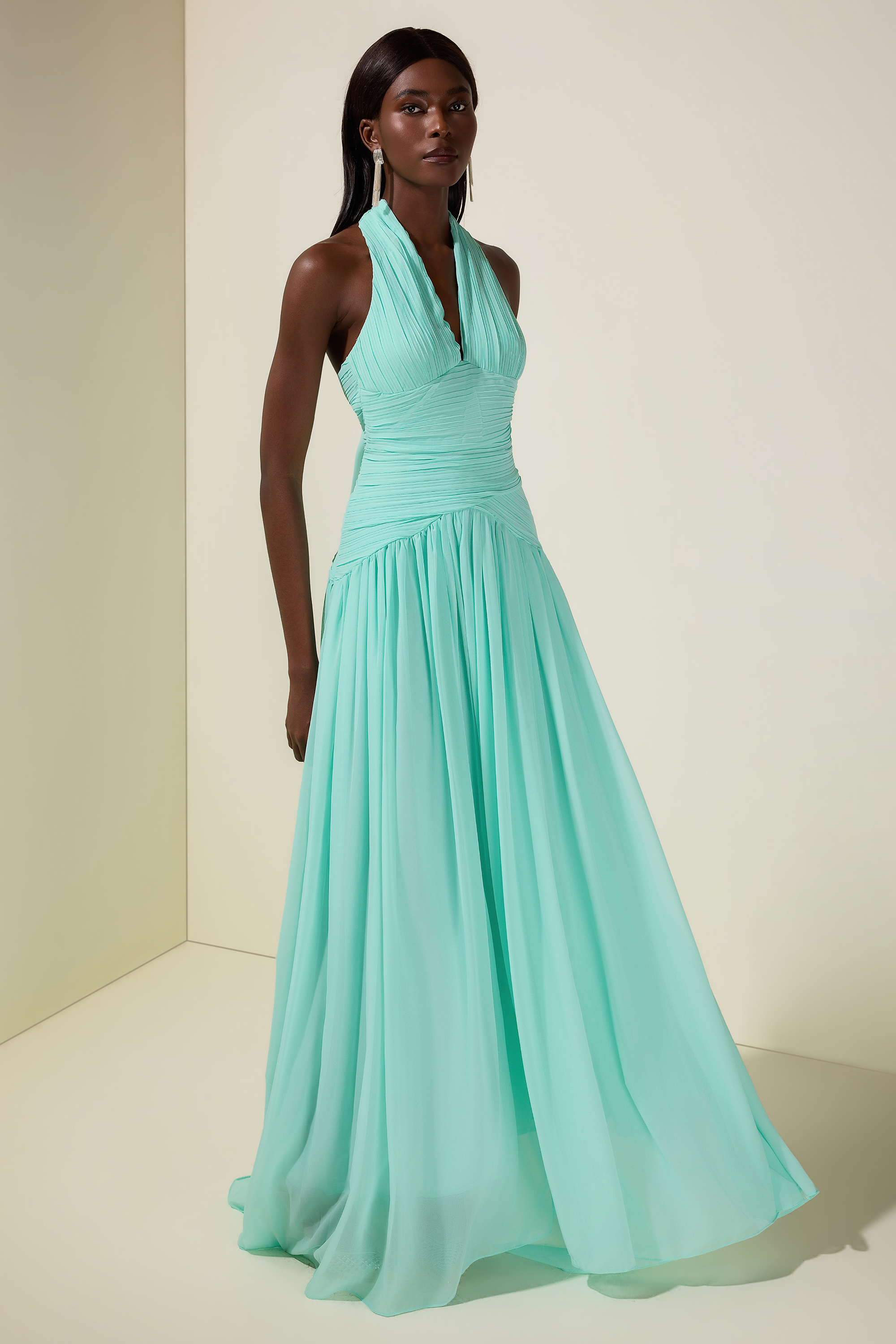 Pleated Halter Neck Backless Maxi Dress