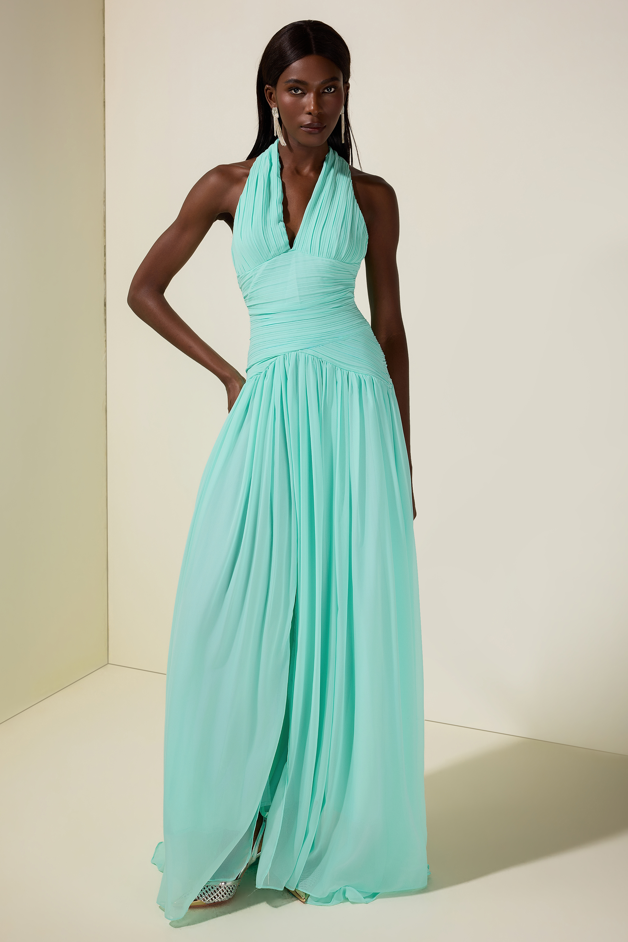 Pleated Halter Neck Backless Maxi Dress