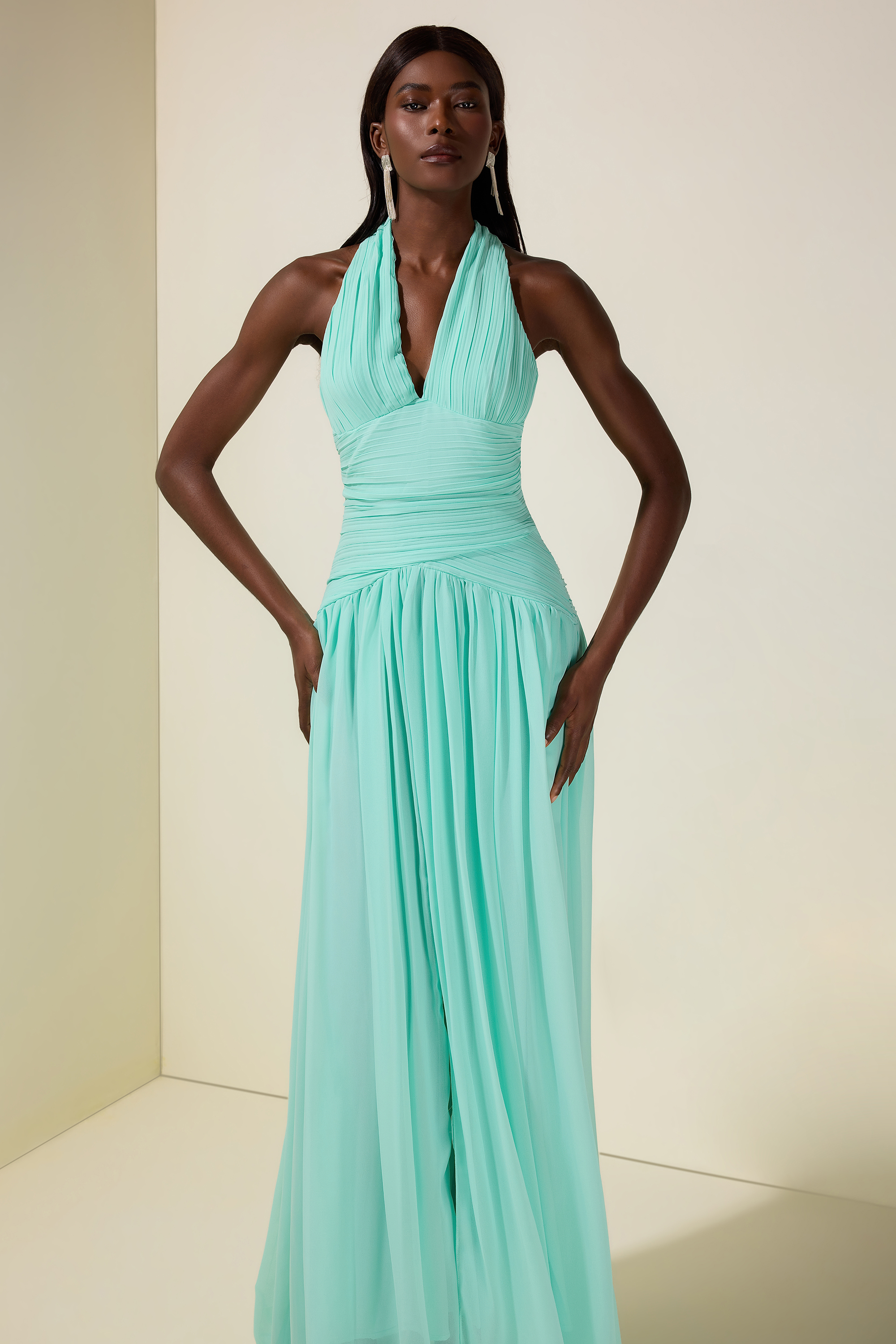 Pleated Halter Neck Backless Maxi Dress