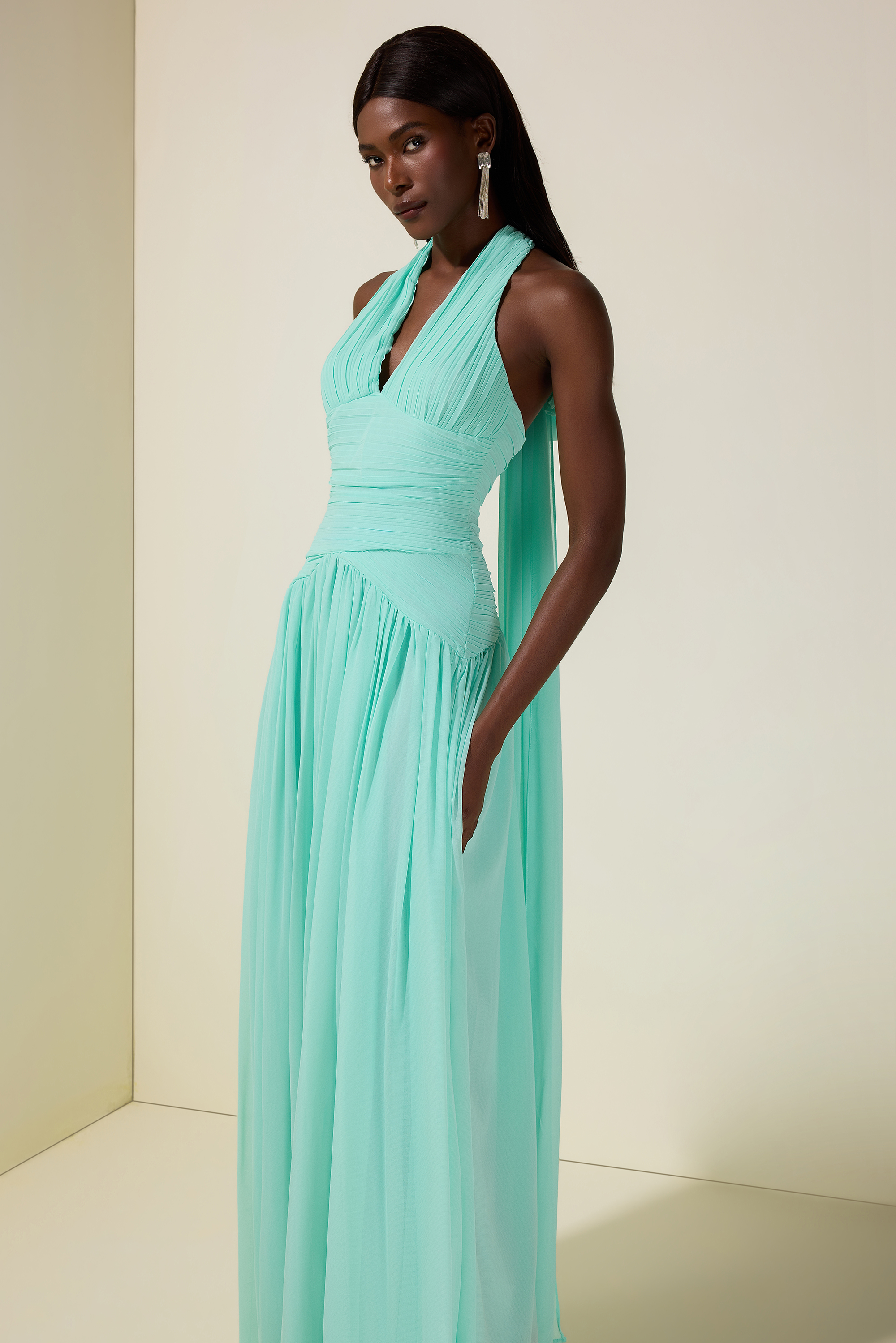 Pleated Halter Neck Backless Maxi Dress