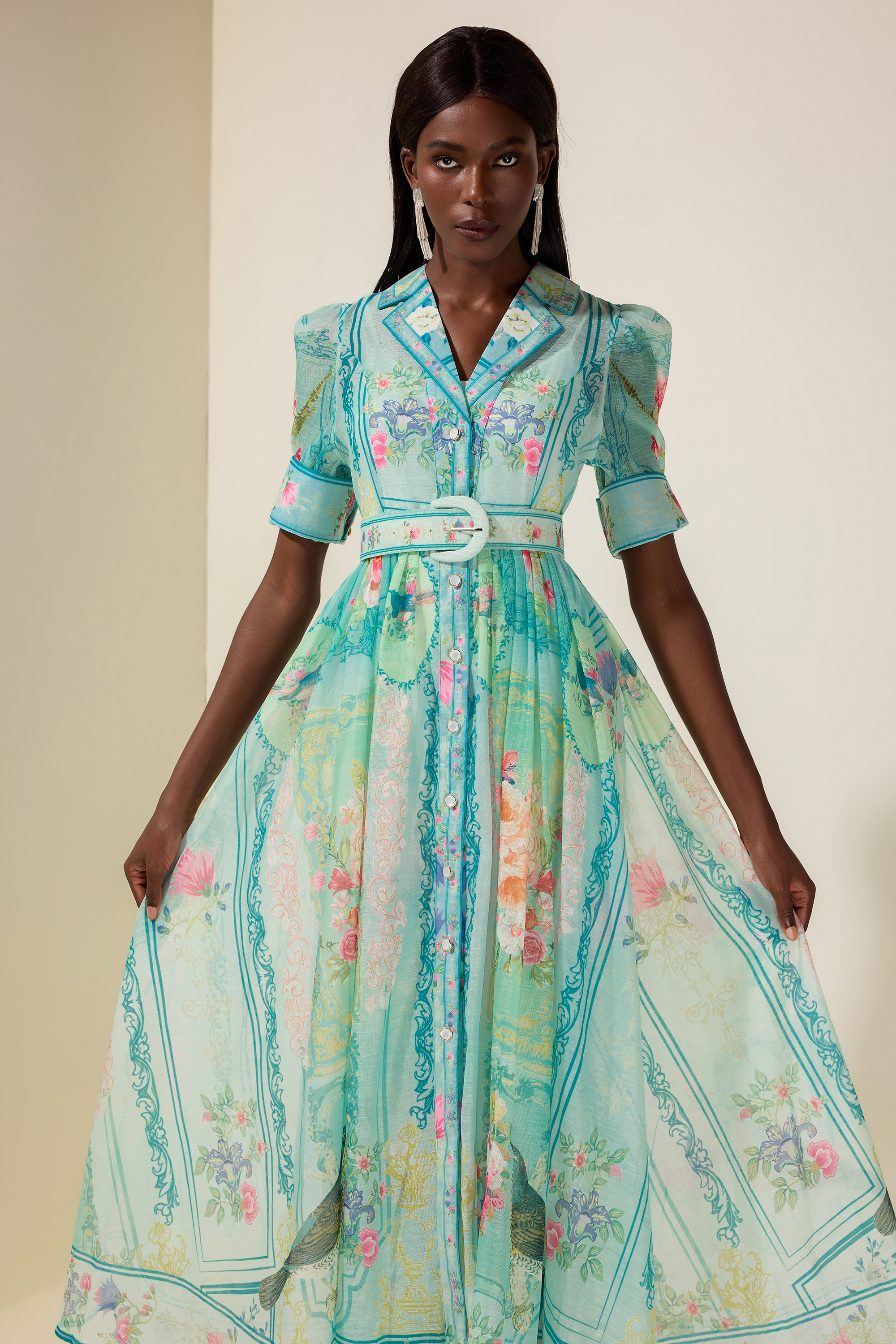 Floral Flapped Midi Dress With Belt