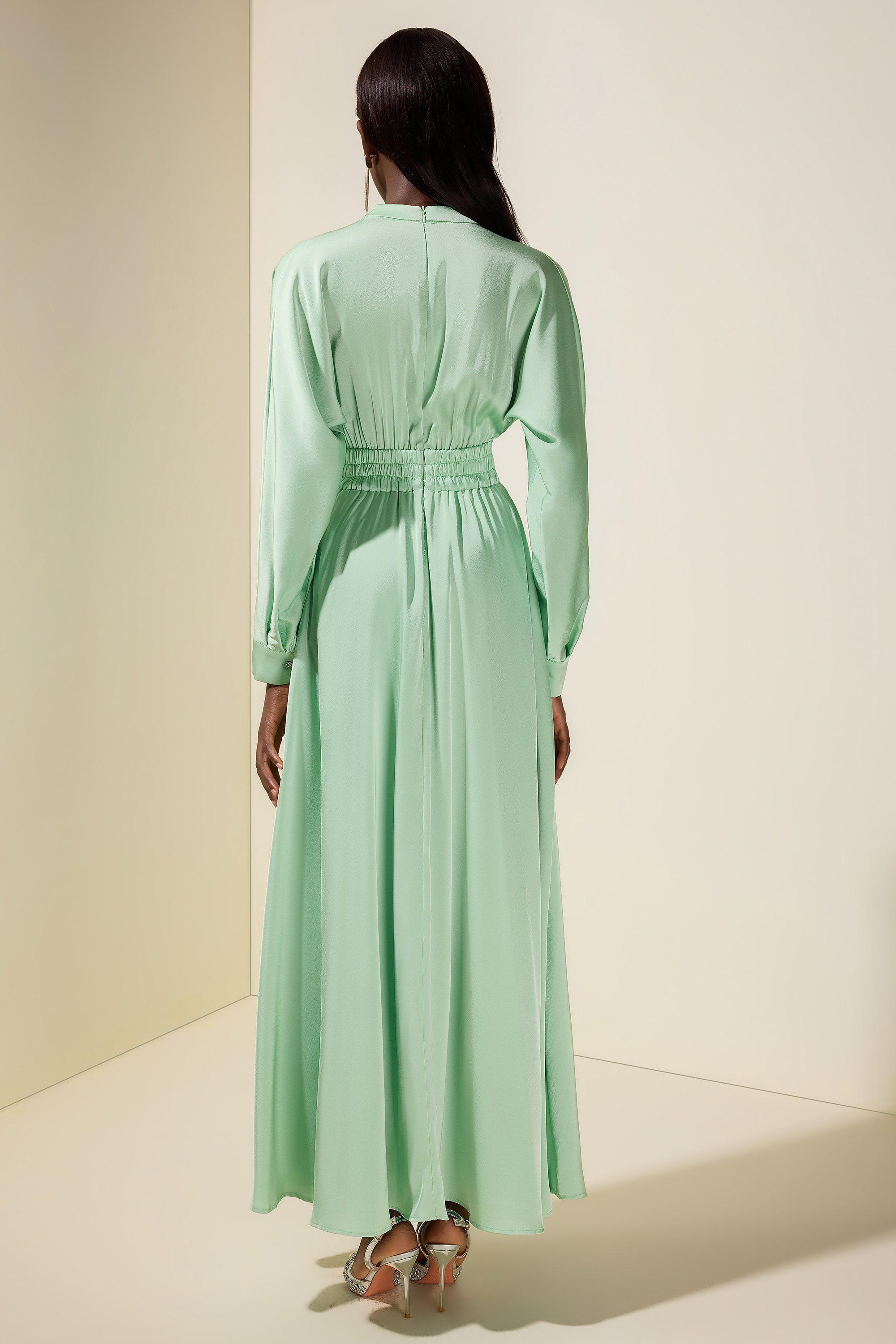 Satin Rhinestone Rivets Ruched Maxi Dress