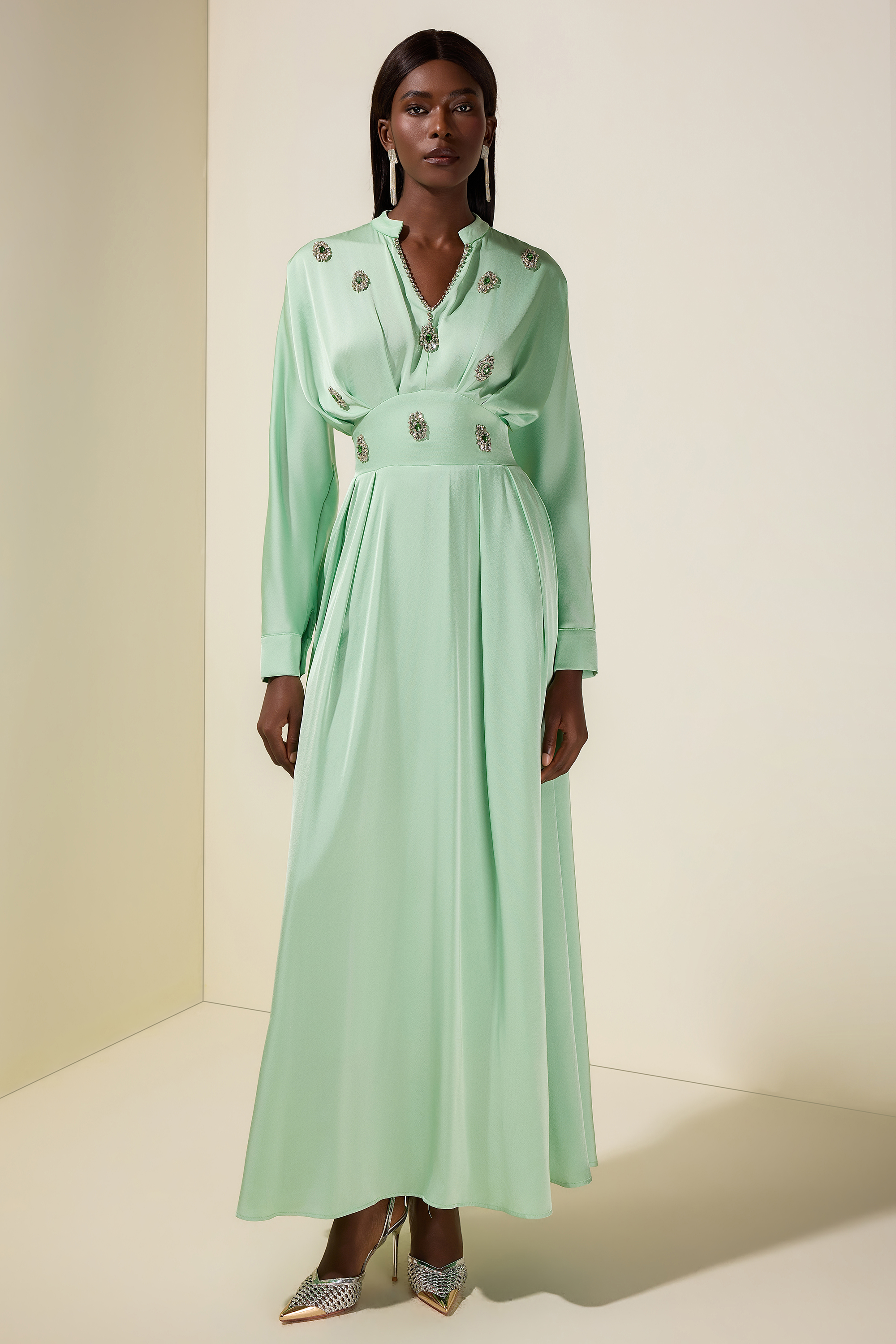 Satin Rhinestone Rivets Ruched Maxi Dress