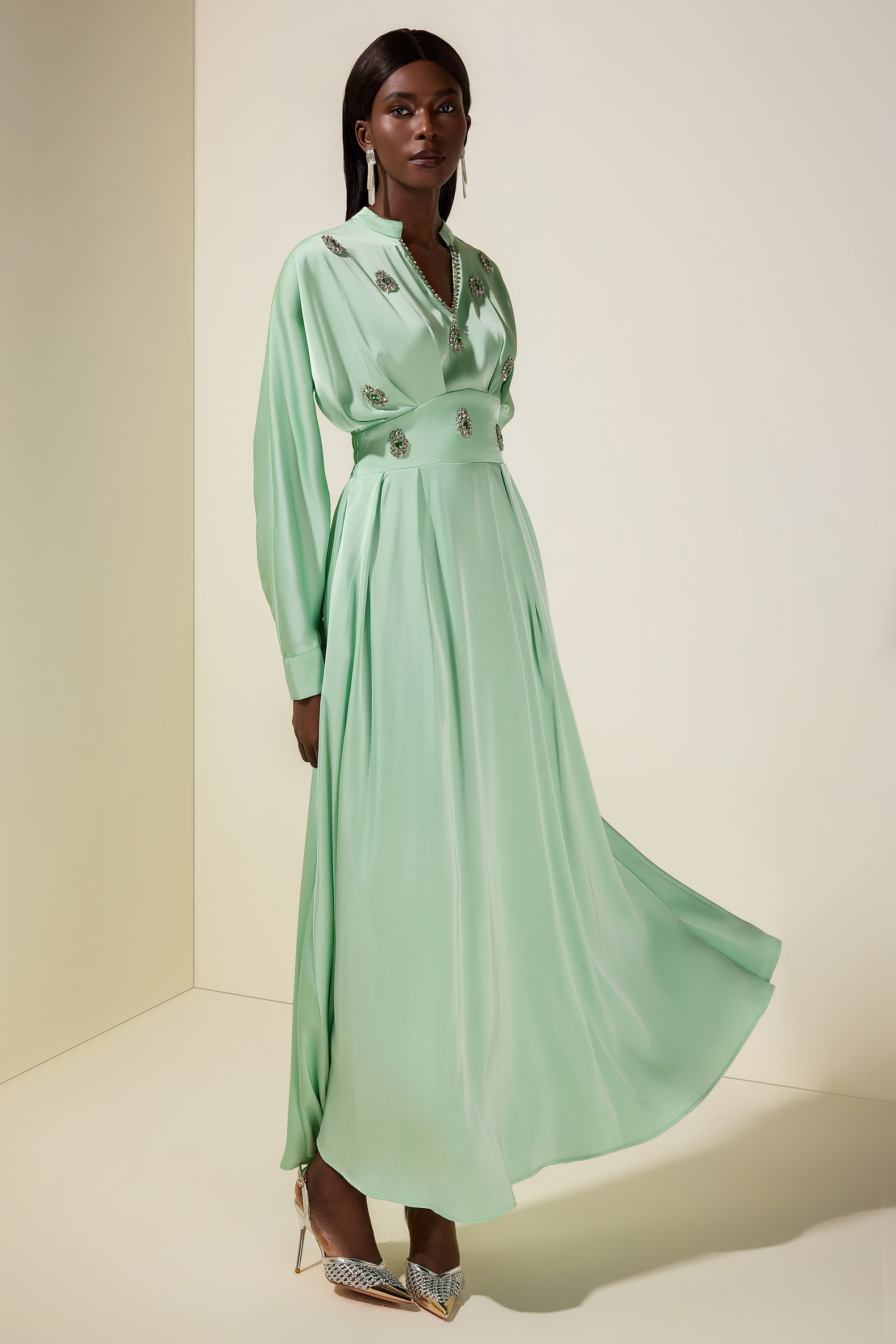 Satin Rhinestone Rivets Ruched Maxi Dress