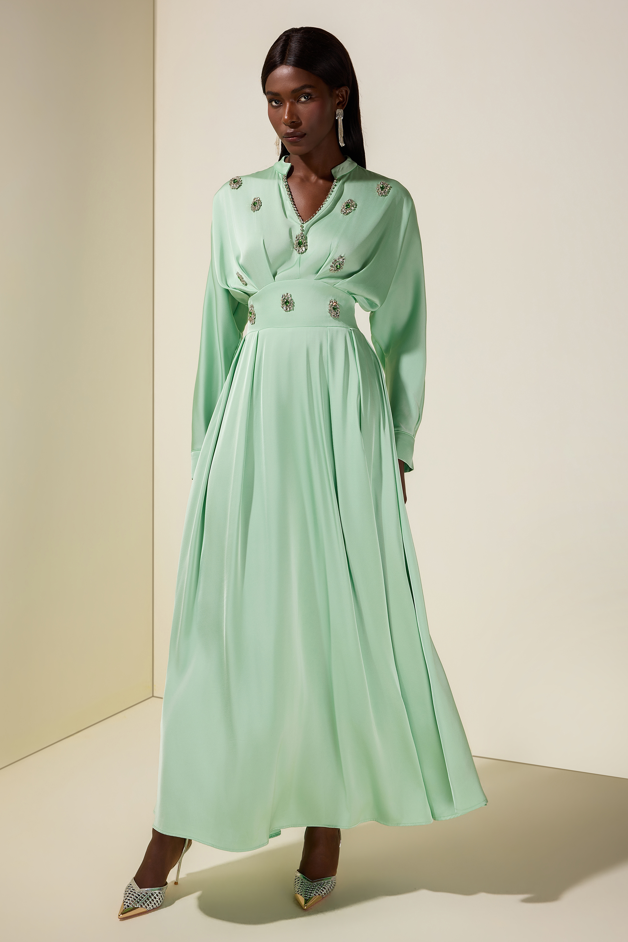 Satin Rhinestone Rivets Ruched Maxi Dress