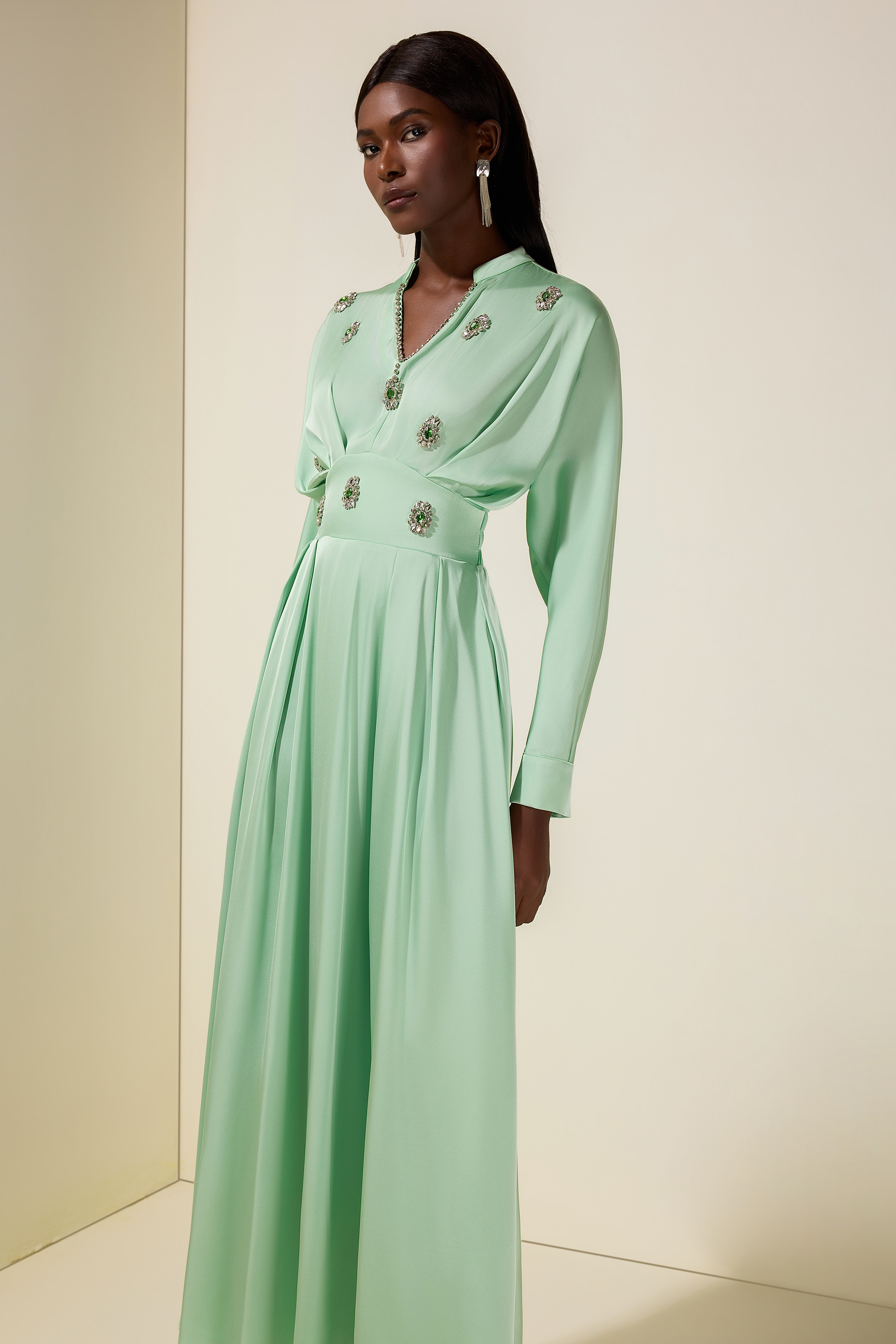 Satin Rhinestone Rivets Ruched Maxi Dress