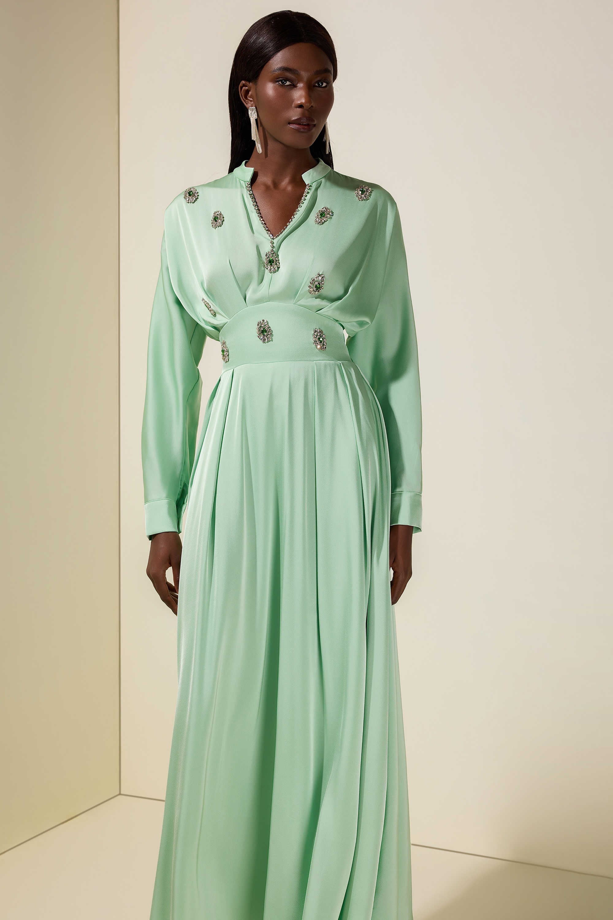 Satin Rhinestone Rivets Ruched Maxi Dress