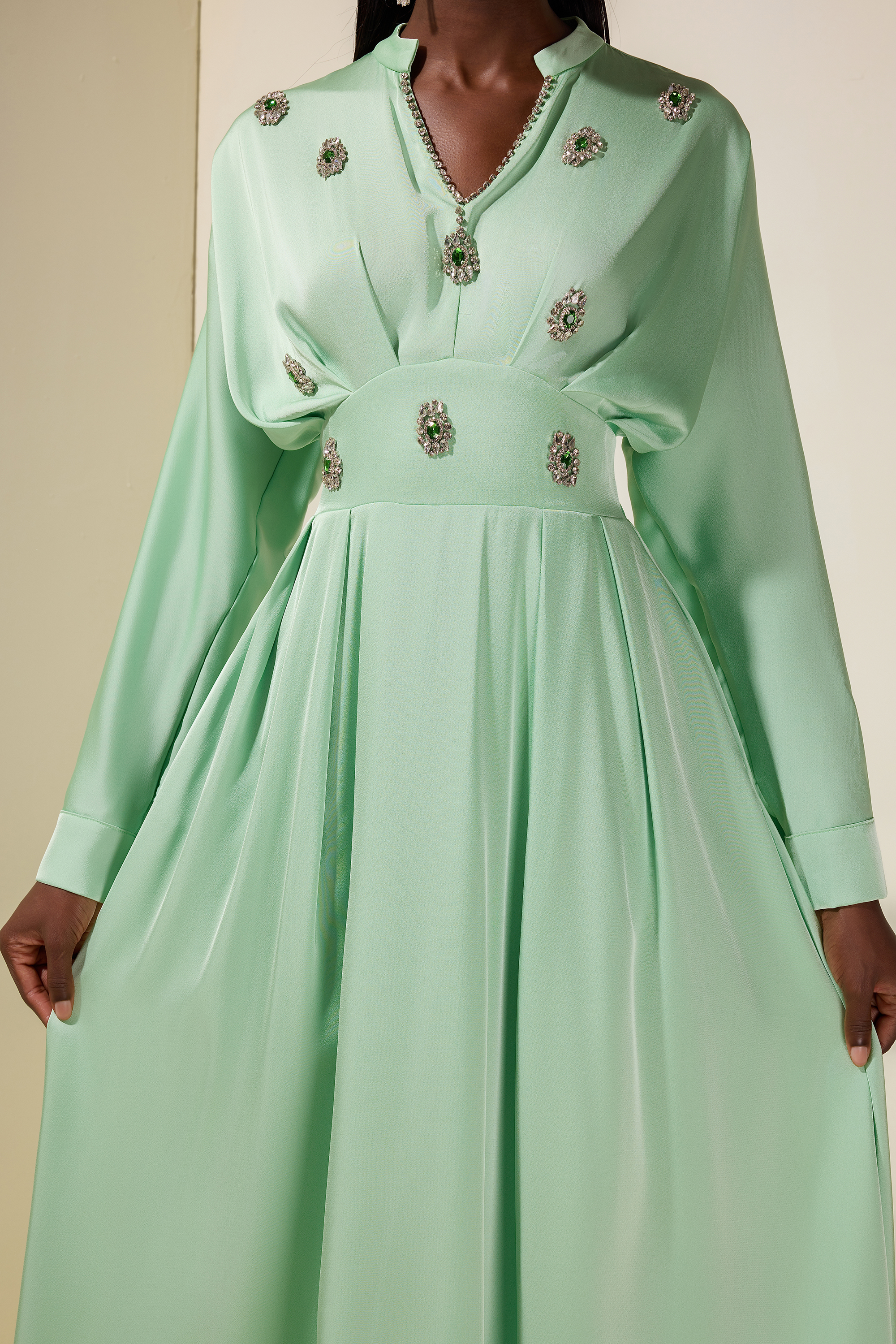 Satin Rhinestone Rivets Ruched Maxi Dress