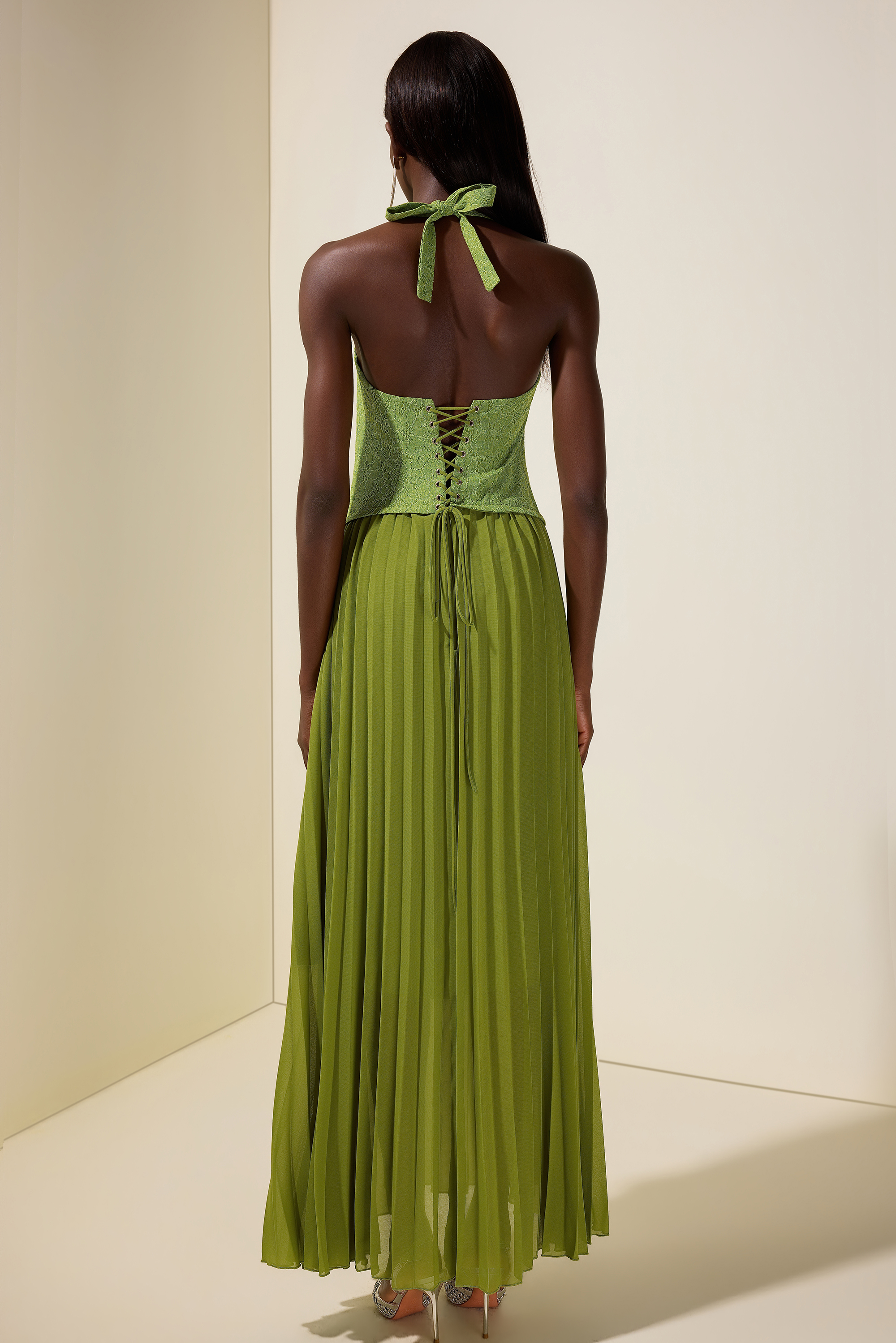 Lace Chiffon Pleated Maxi Dress