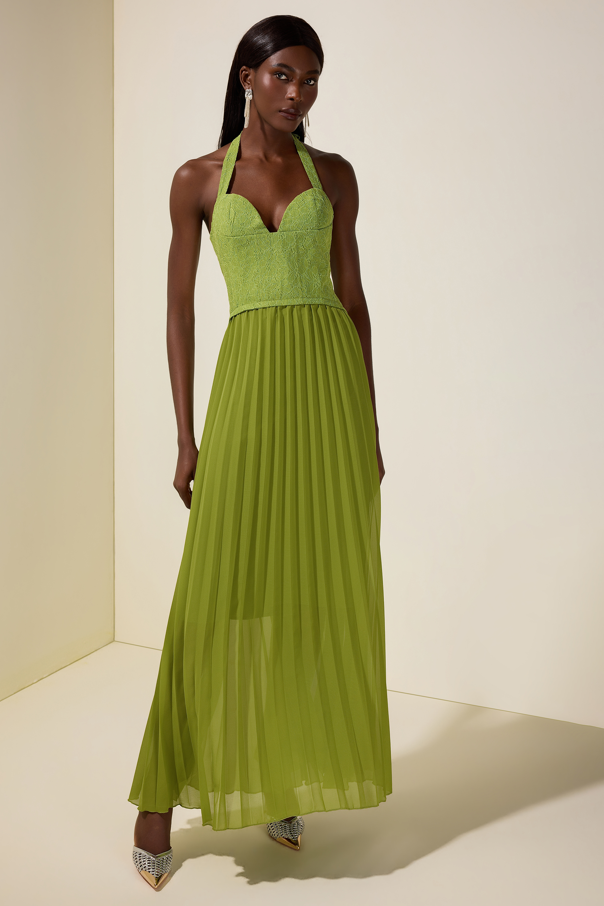 Lace Chiffon Pleated Maxi Dress