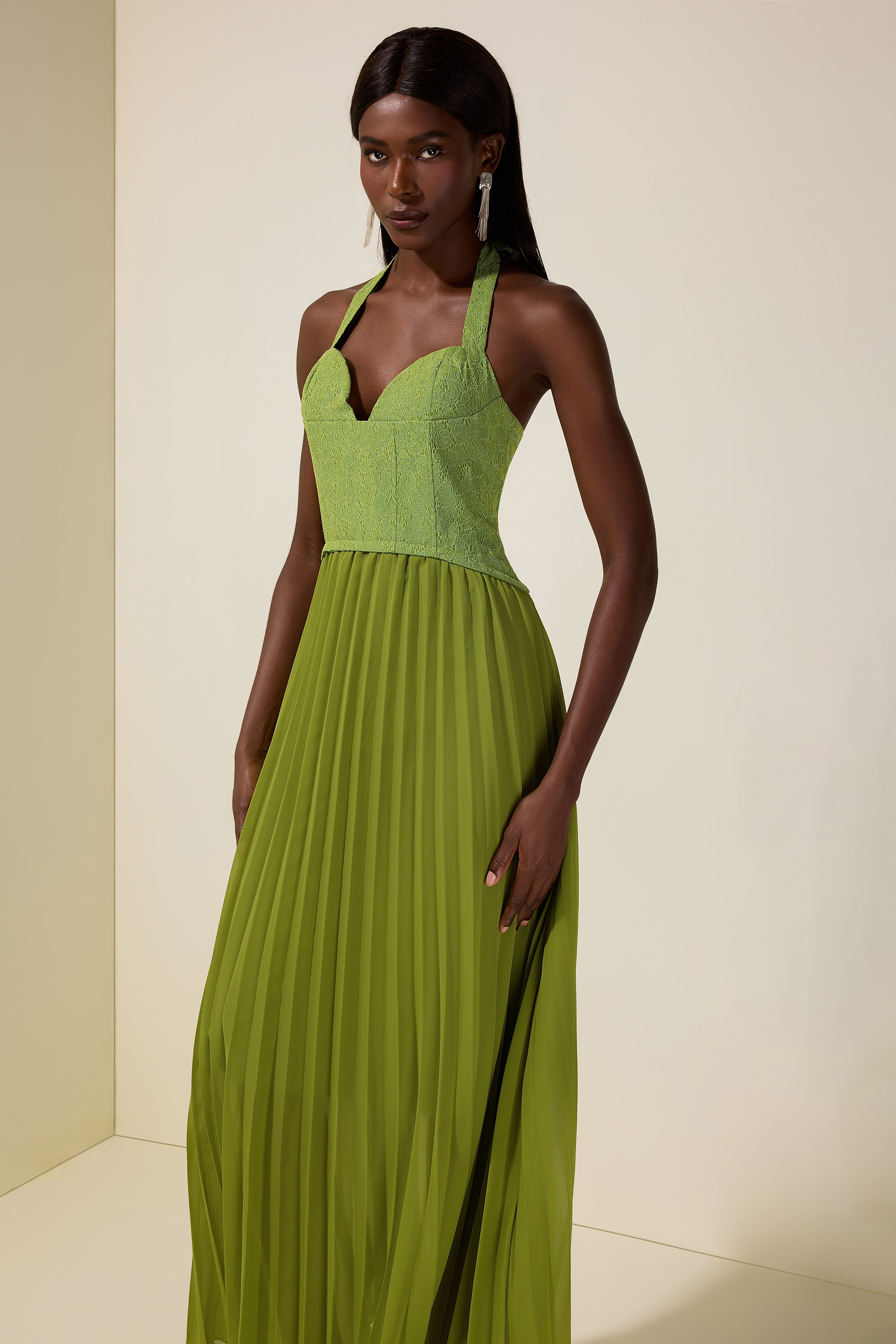 Lace Chiffon Pleated Maxi Dress