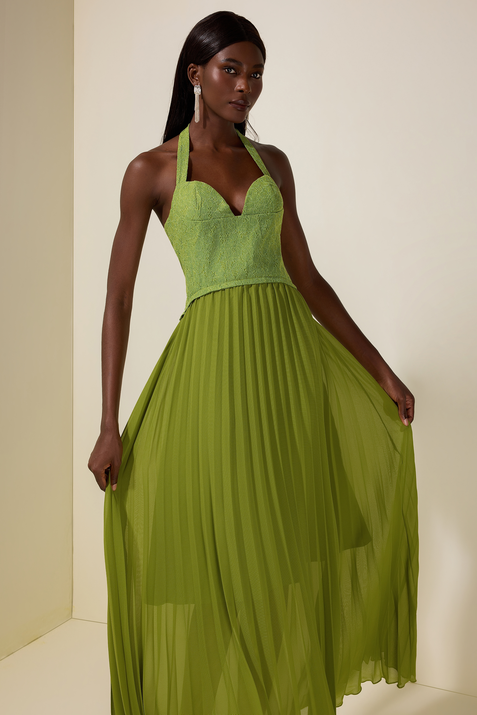 Lace Chiffon Pleated Maxi Dress