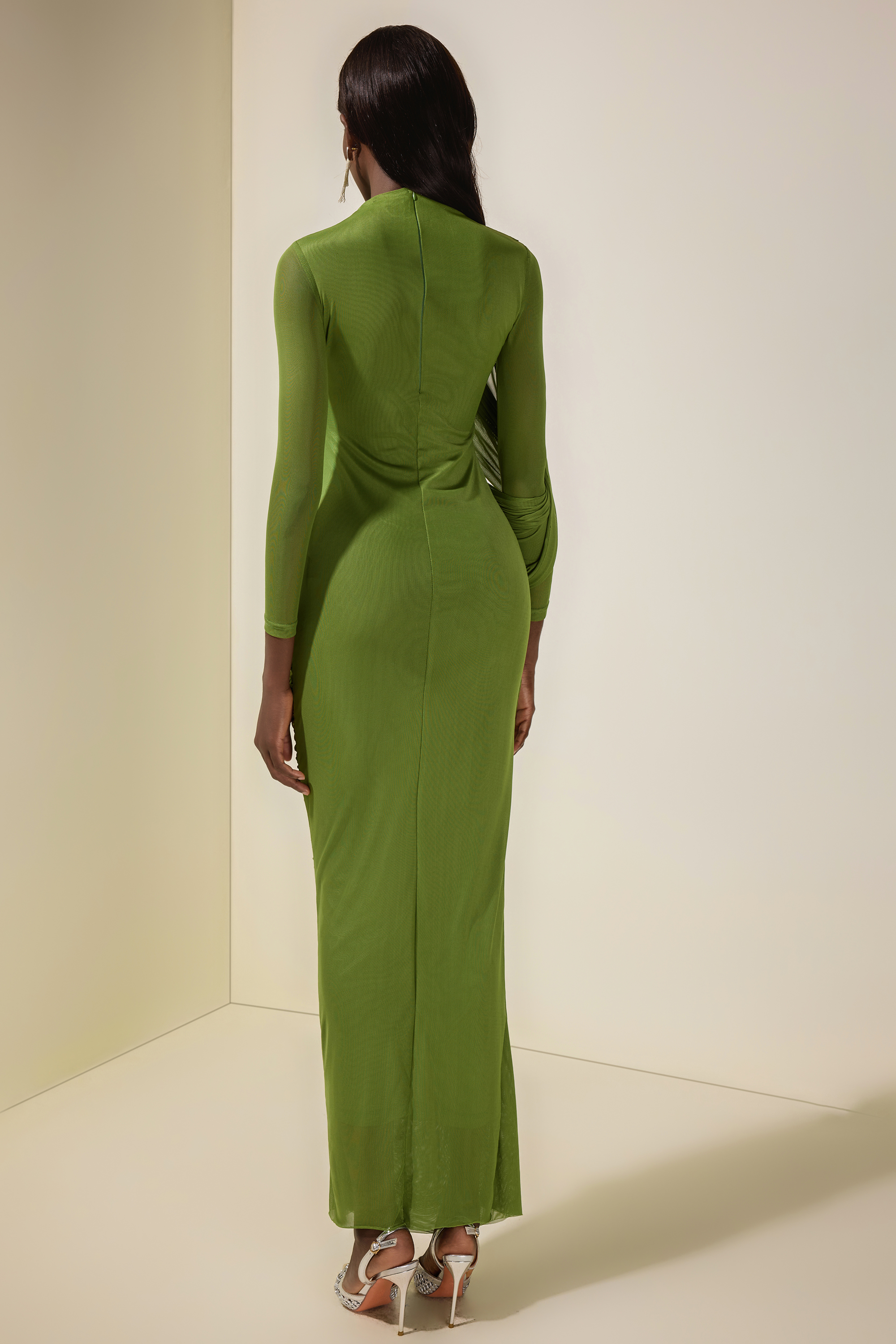 Mesh Gathering Long Sleeve Maxi Dress