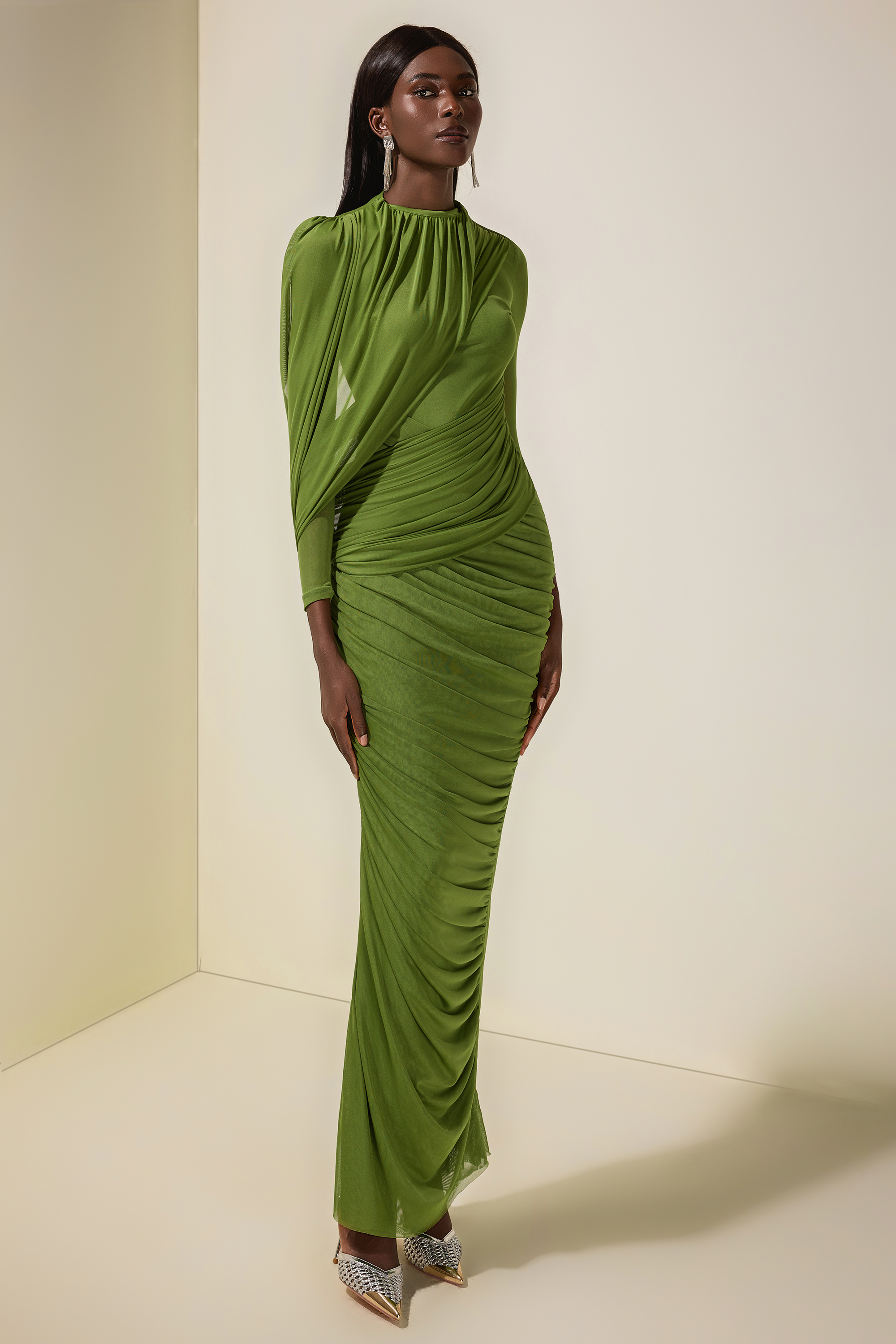 Mesh Gathering Long Sleeve Maxi Dress