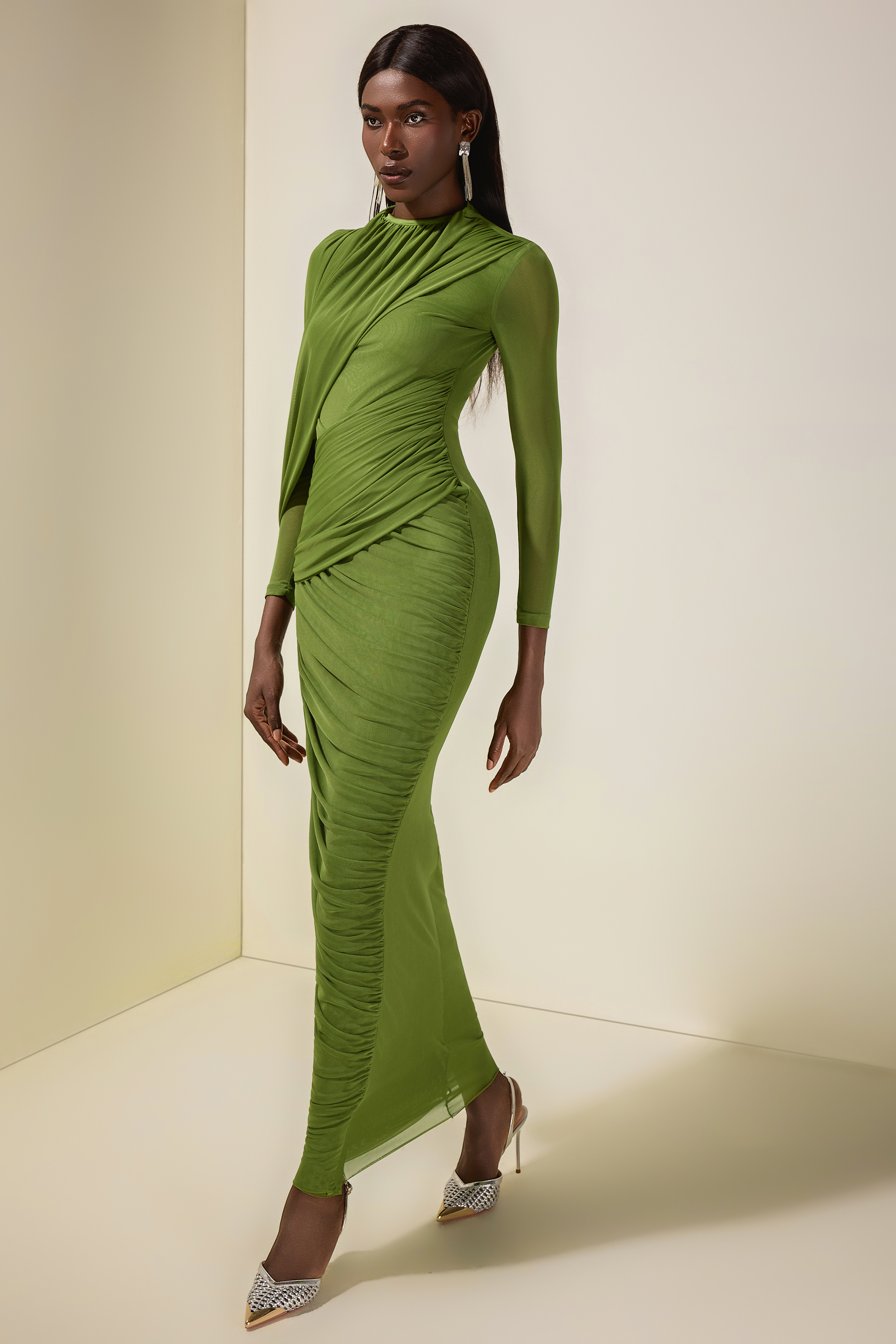 Mesh Gathering Long Sleeve Maxi Dress
