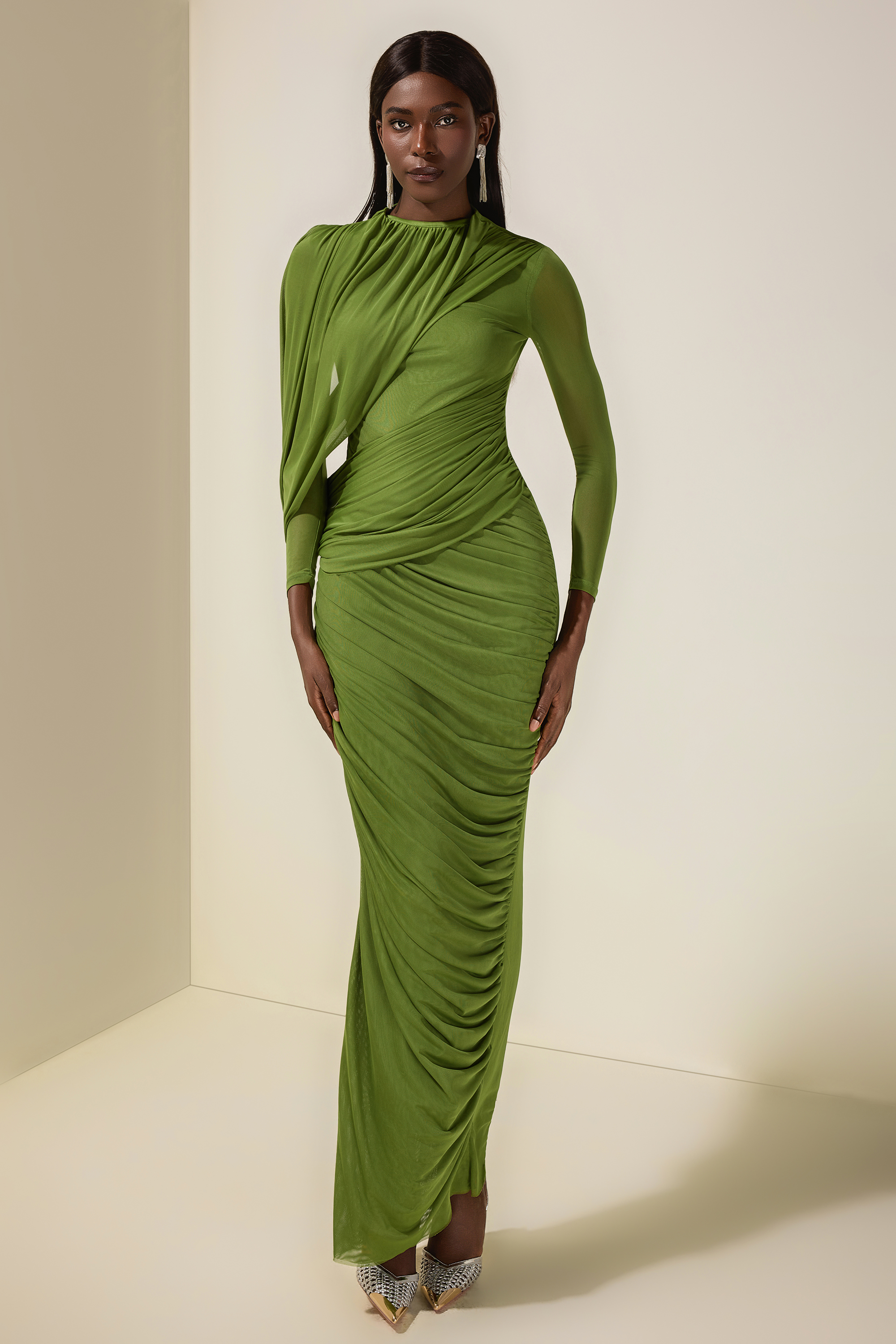 Mesh Gathering Long Sleeve Maxi Dress