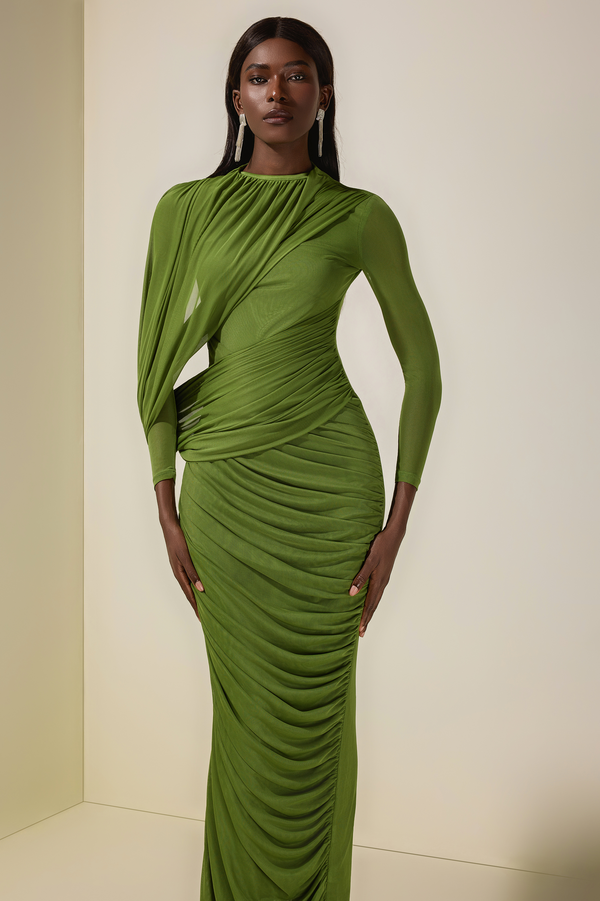 Mesh Gathering Long Sleeve Maxi Dress