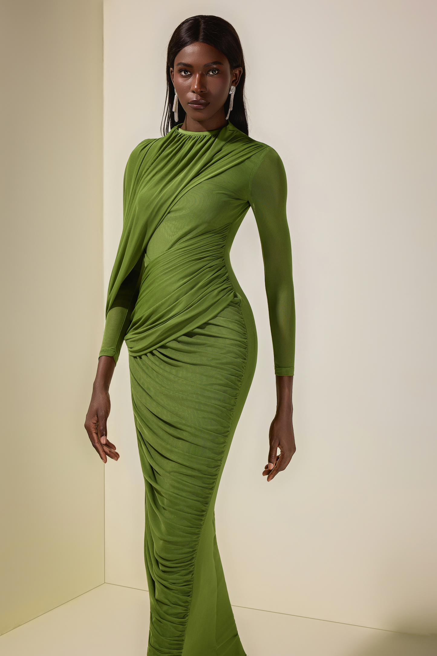 Mesh Gathering Long Sleeve Maxi Dress