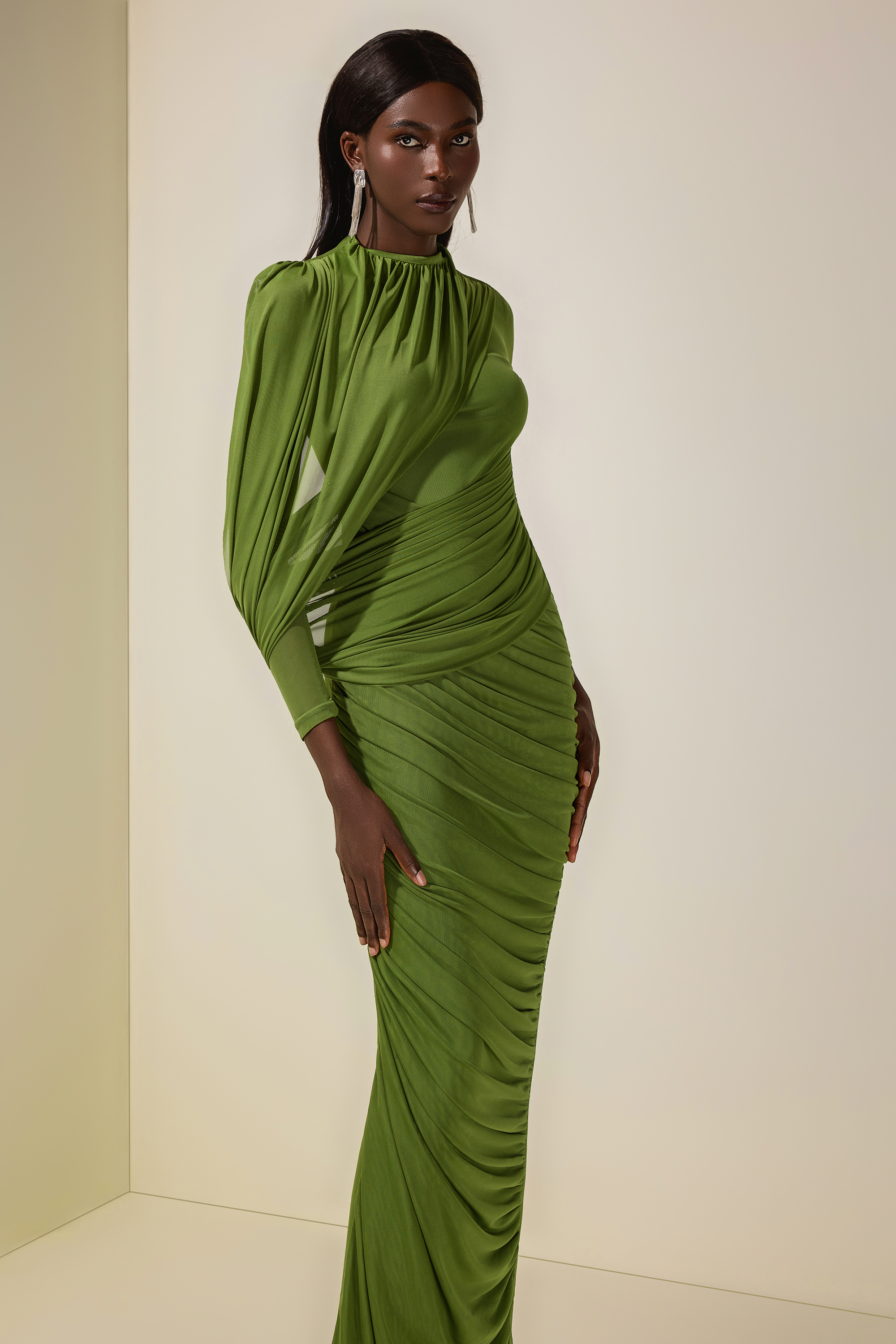 Mesh Gathering Long Sleeve Maxi Dress