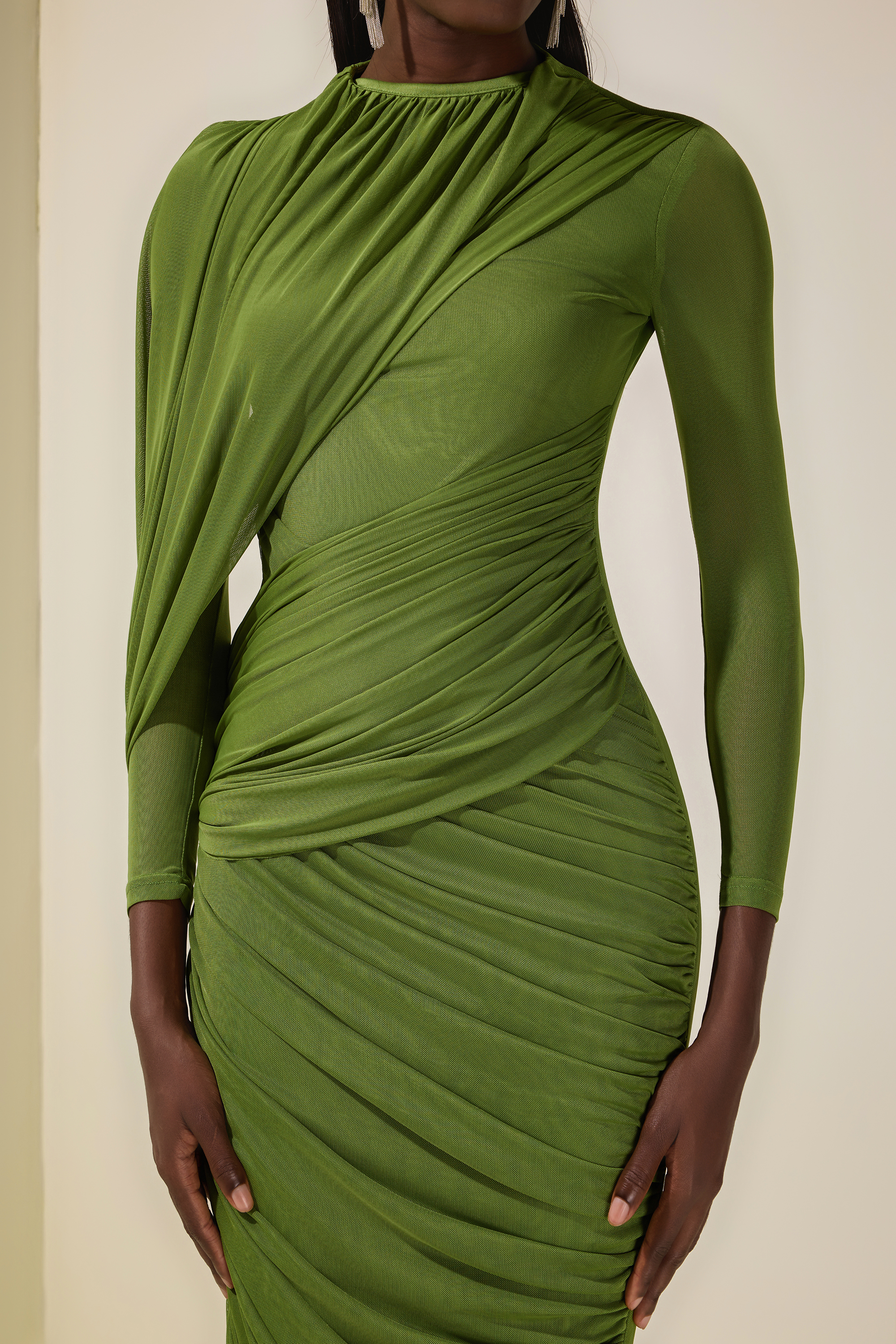 Mesh Gathering Long Sleeve Maxi Dress