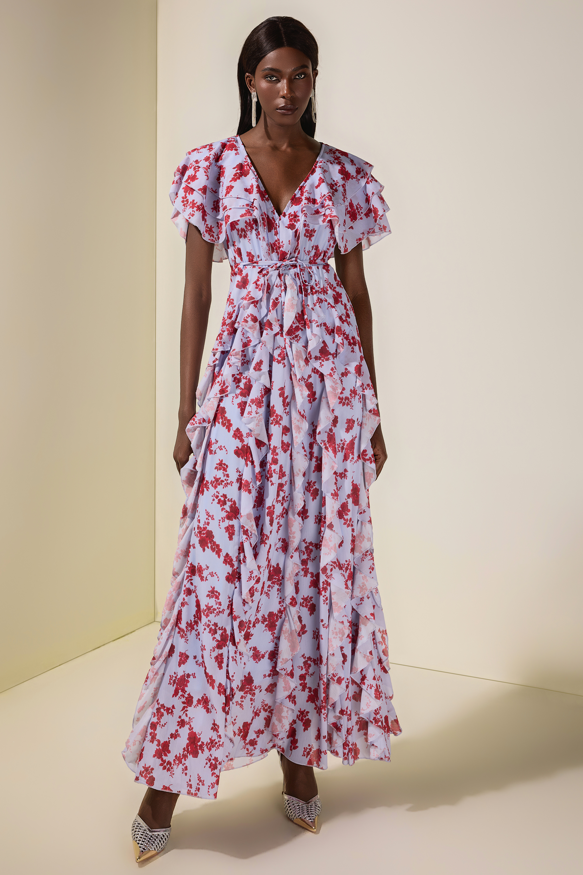 Floral Chiffon Ruffle Maxi Dress