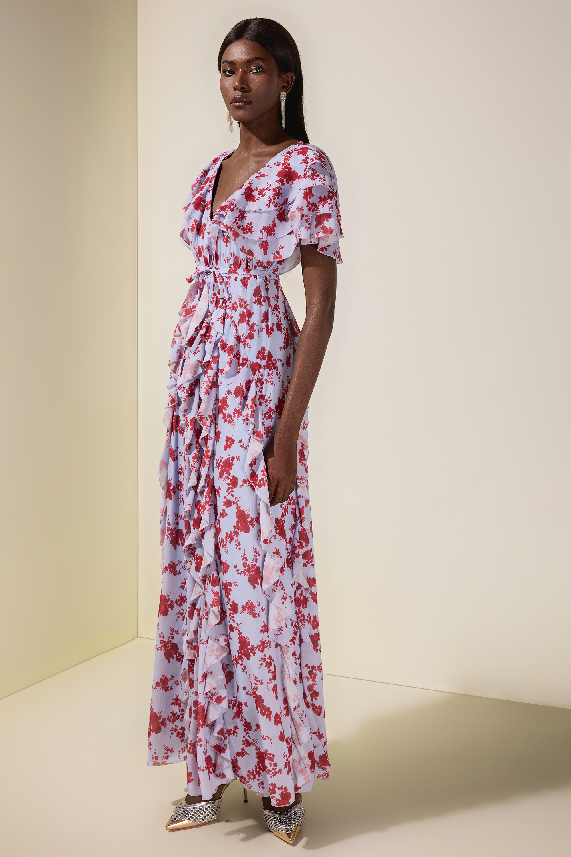 Floral Chiffon Ruffle Maxi Dress