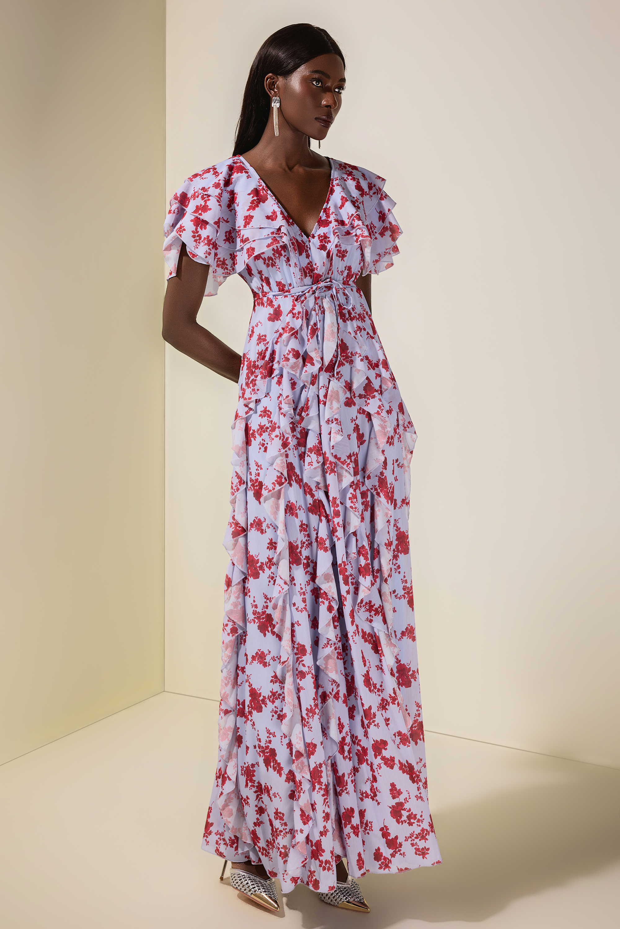 Floral Chiffon Ruffle Maxi Dress