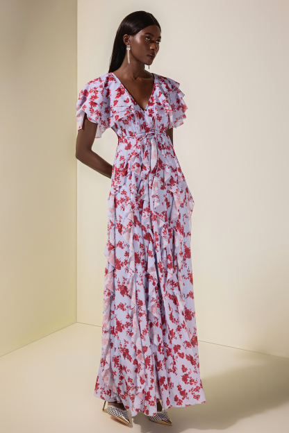 Floral Chiffon Ruffle Maxi Dress