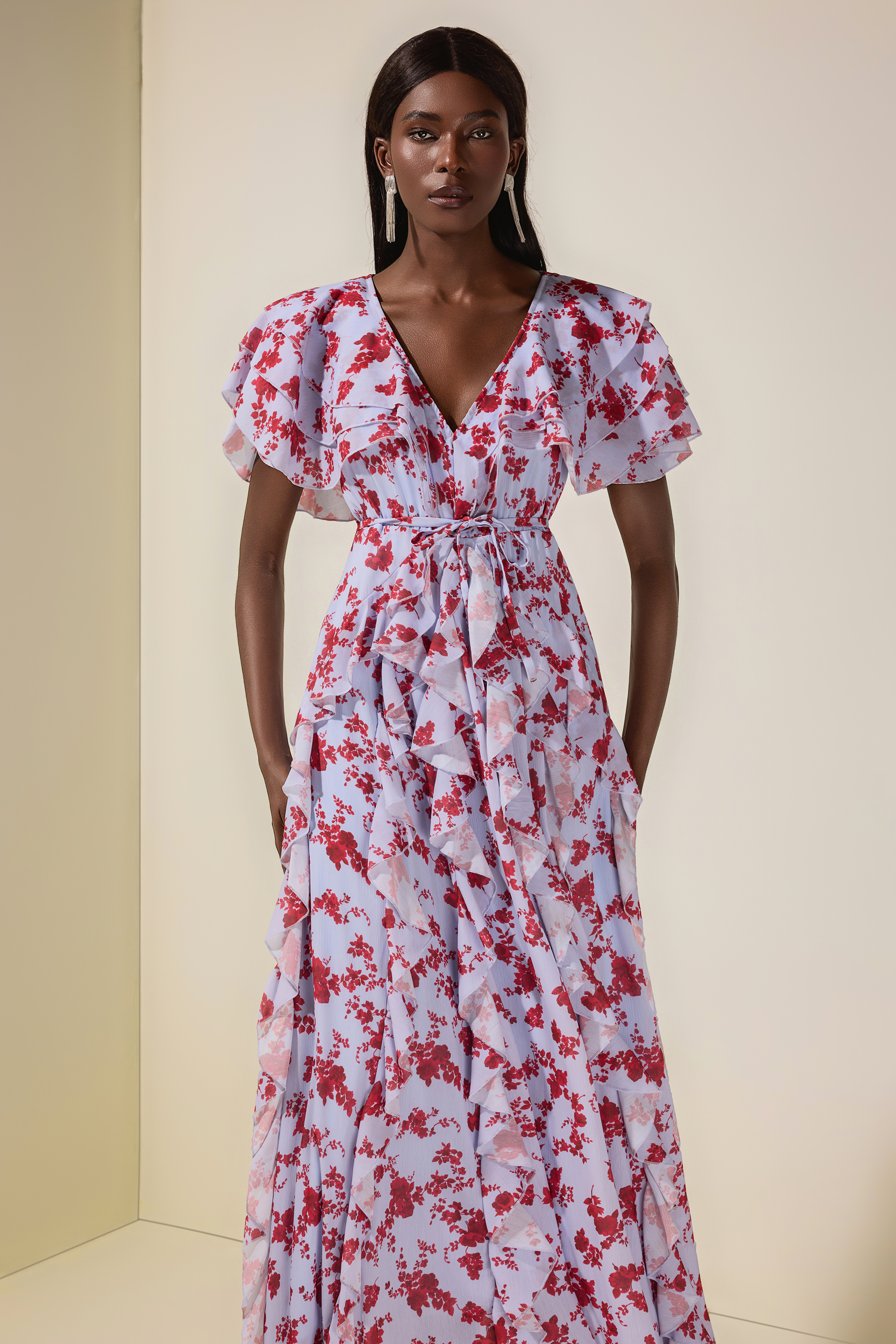 Floral Chiffon Ruffle Maxi Dress