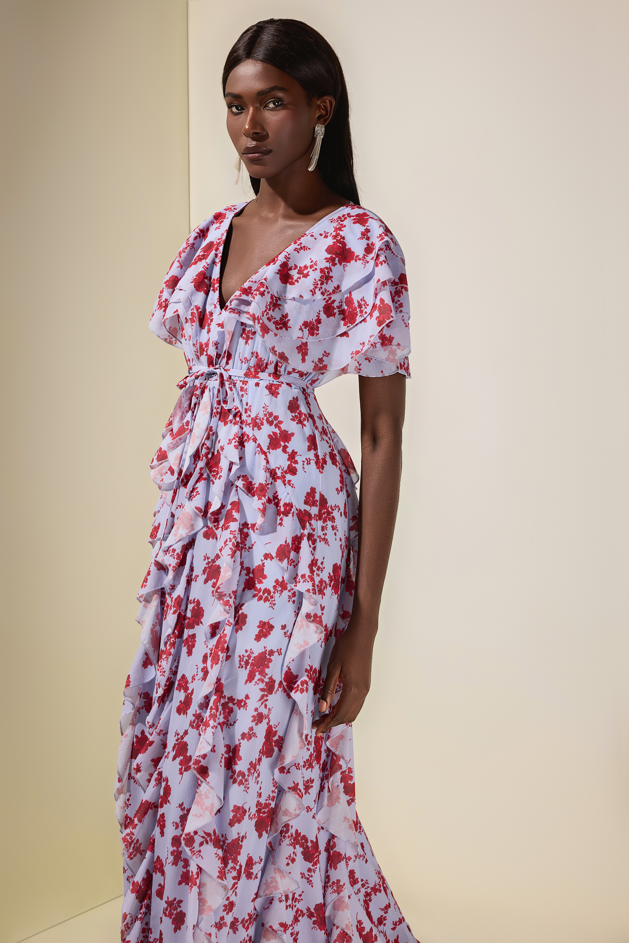 Floral Chiffon Ruffle Maxi Dress