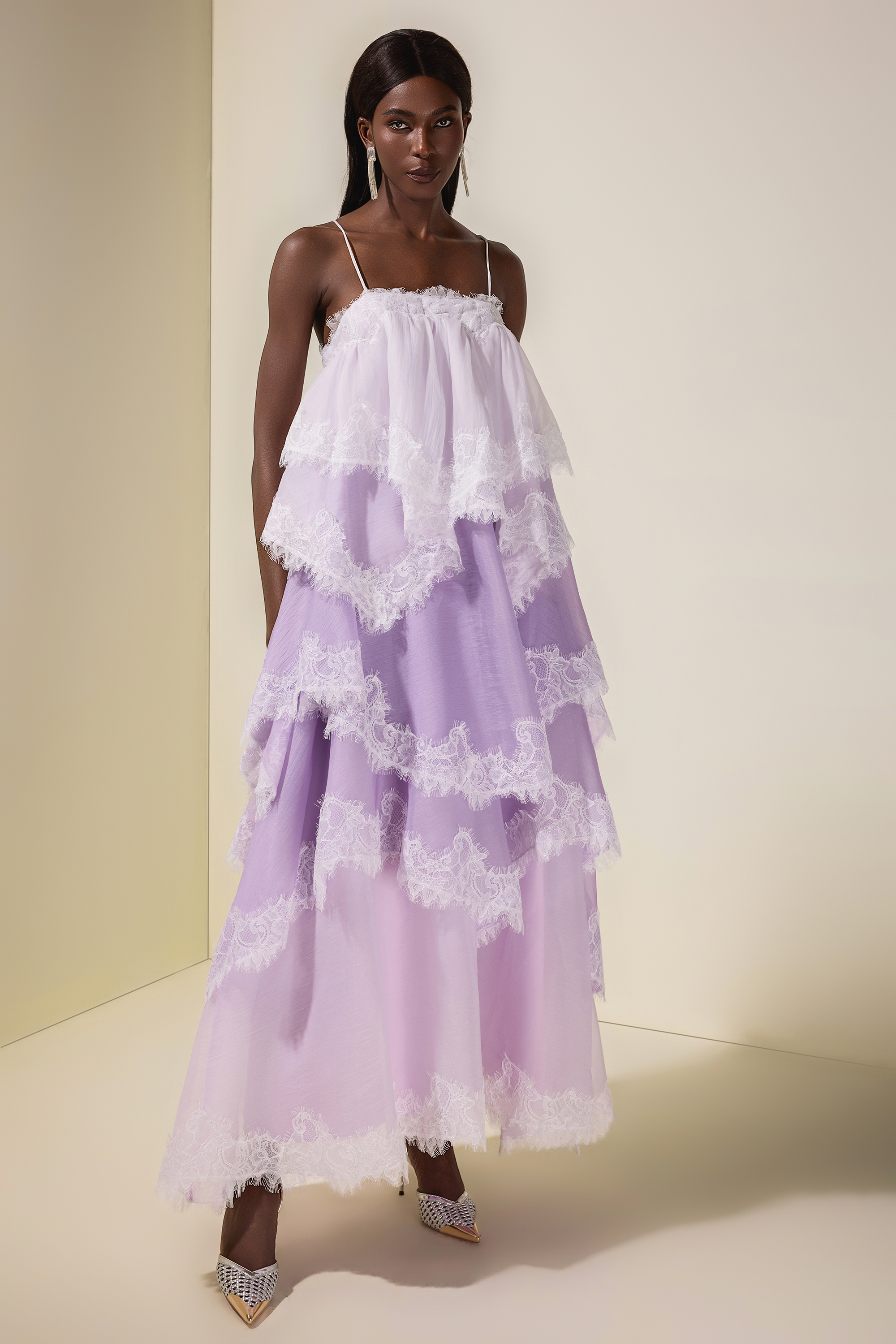 Chiffon Gradient Color Lace Maxi Dress