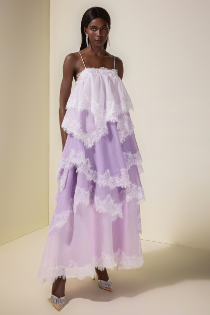 Chiffon Gradient Color Lace Maxi Dress
