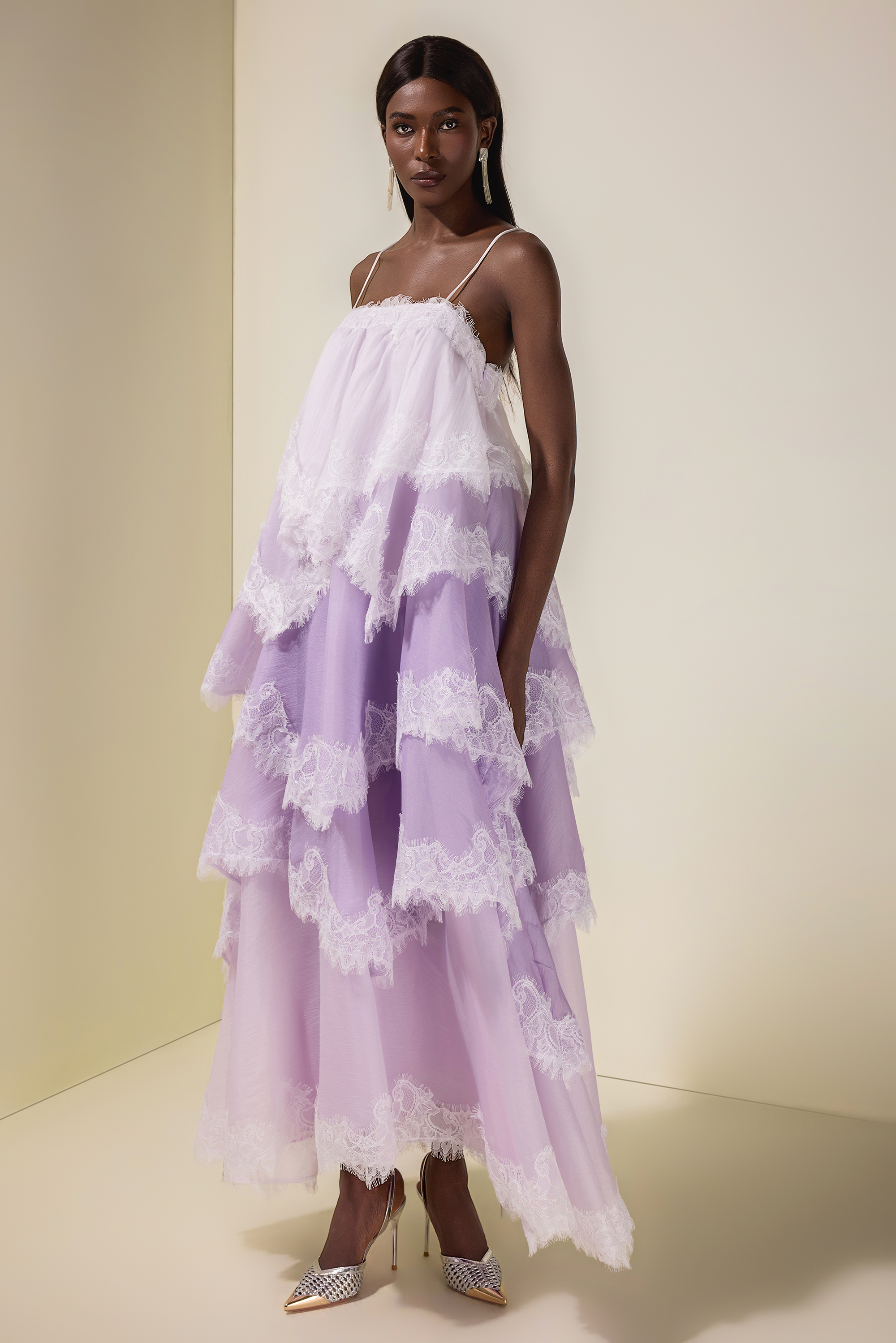 Chiffon Gradient Color Lace Maxi Dress