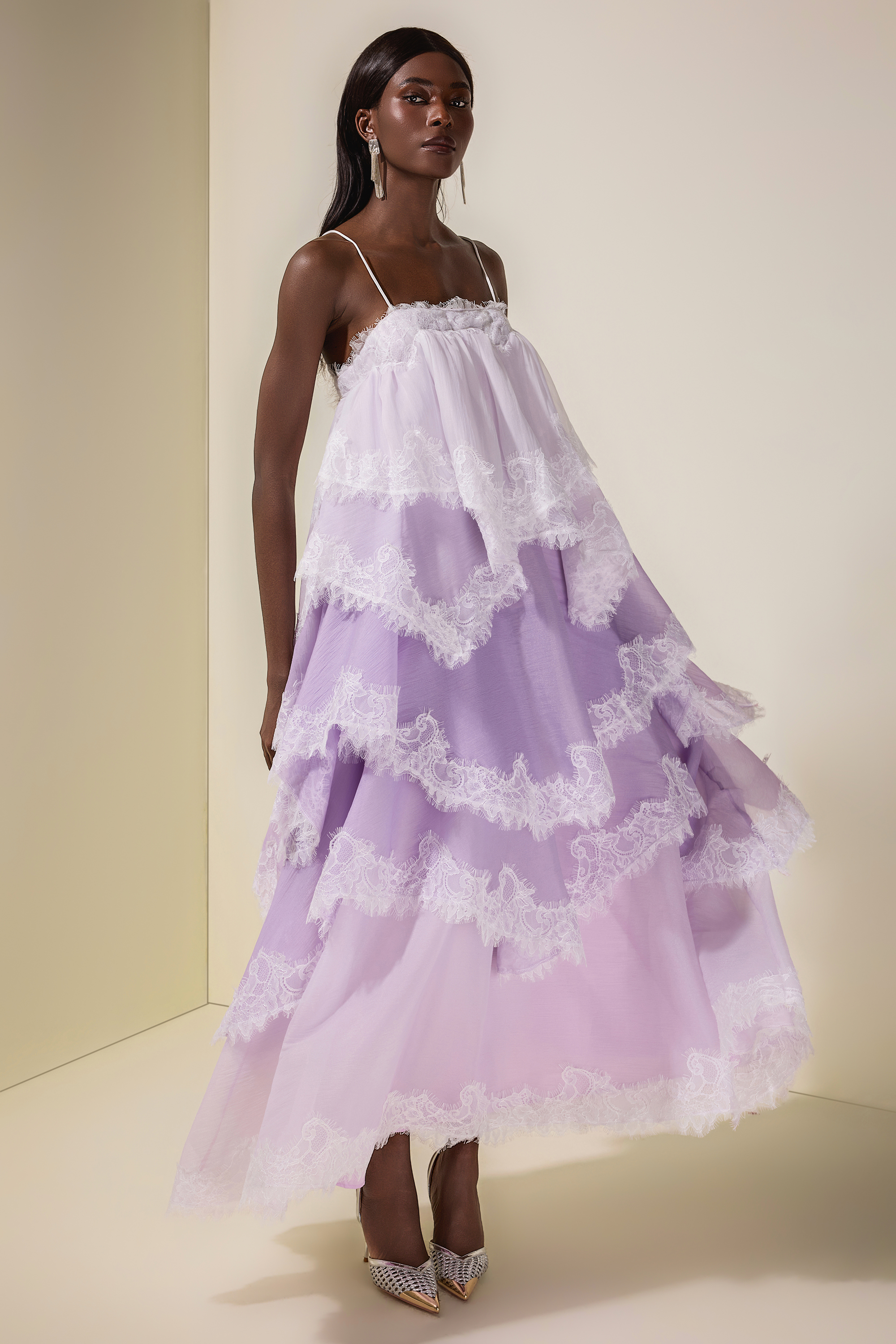 Chiffon Gradient Color Lace Maxi Dress