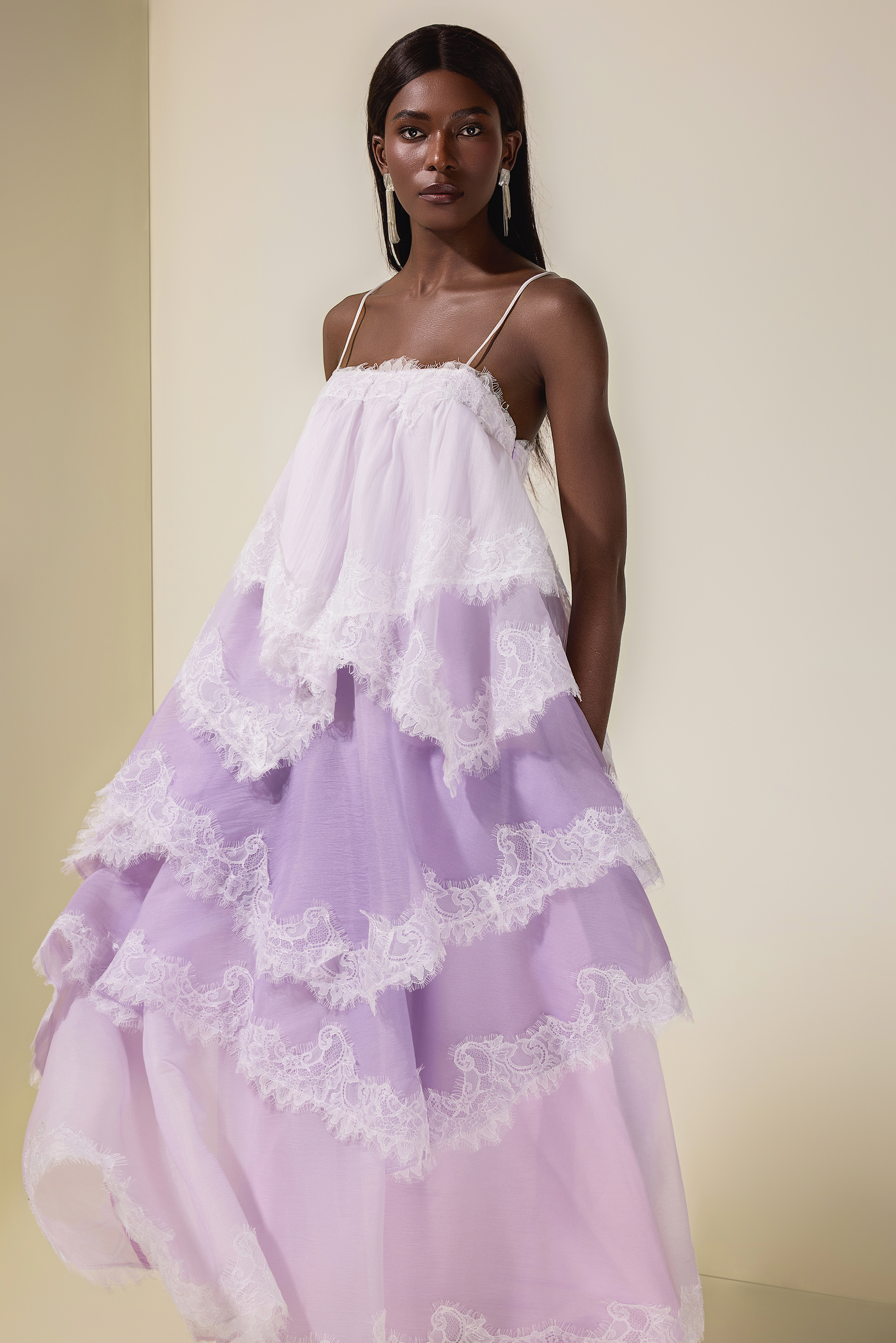 Chiffon Gradient Color Lace Maxi Dress