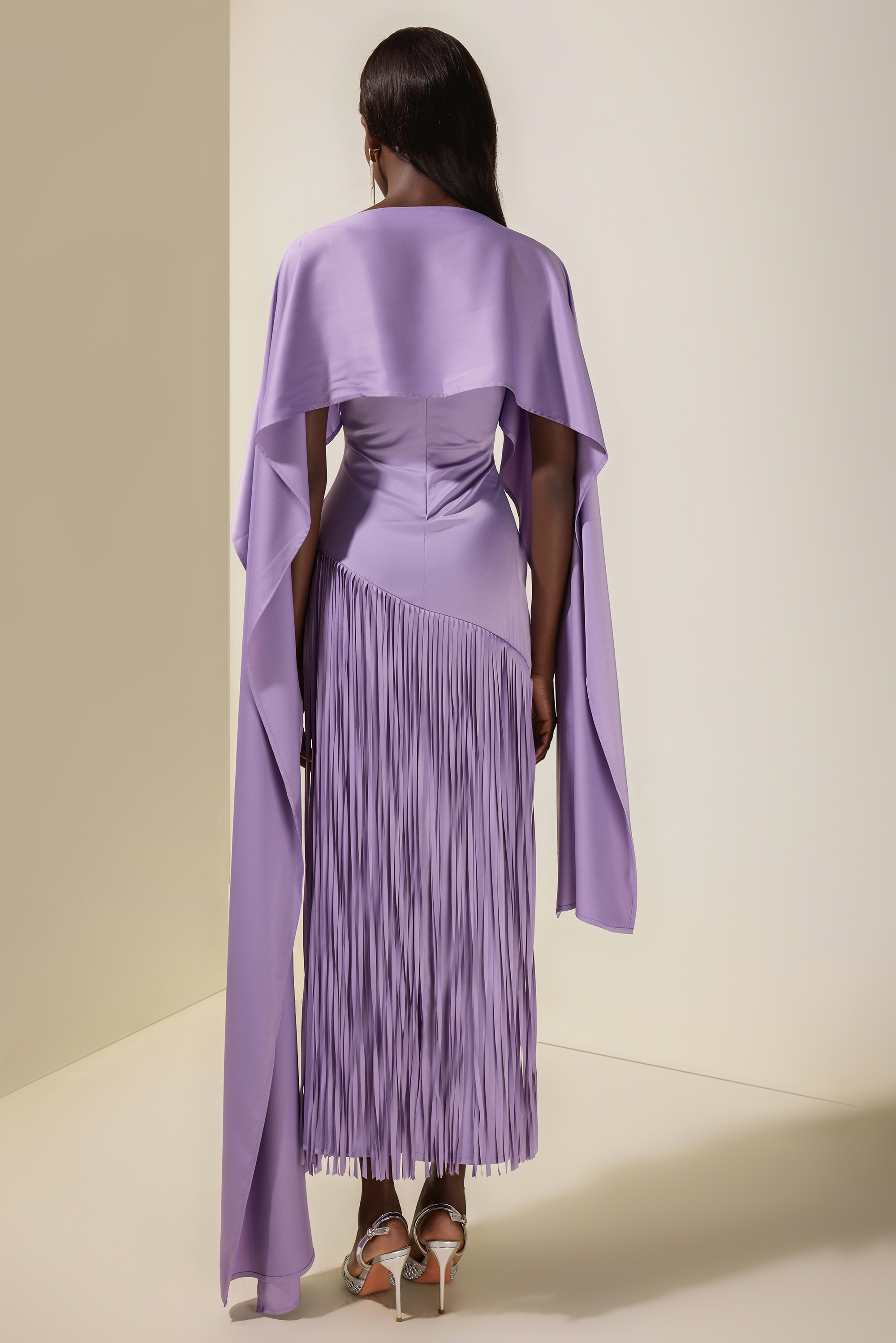 Solid Satin Tassel Maxi Dress With Cape