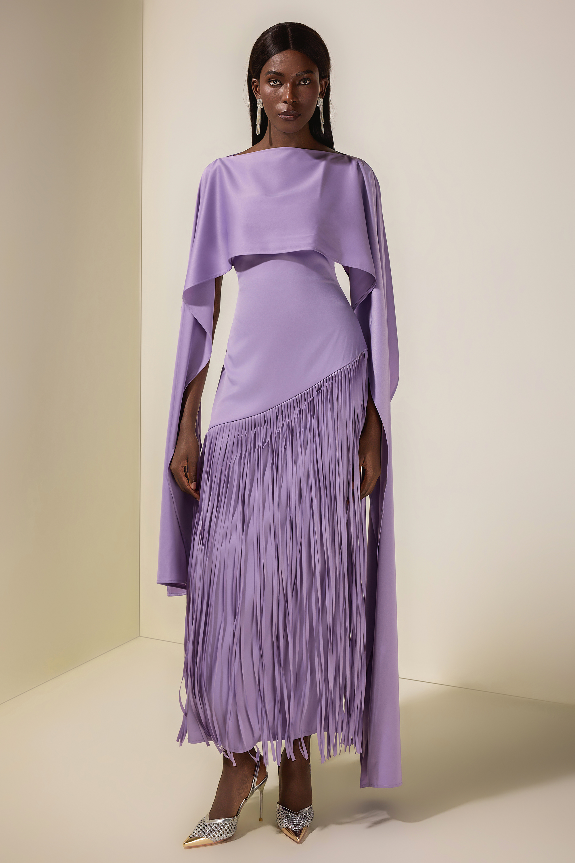 Solid Satin Tassel Maxi Dress With Cape