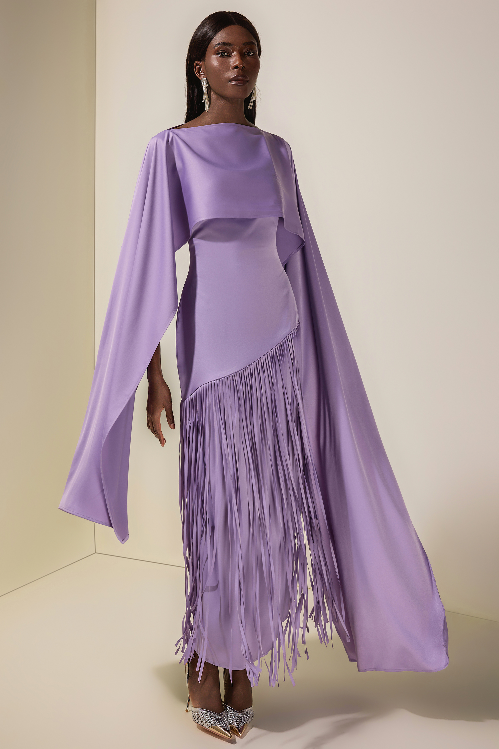 Solid Satin Tassel Maxi Dress With Cape