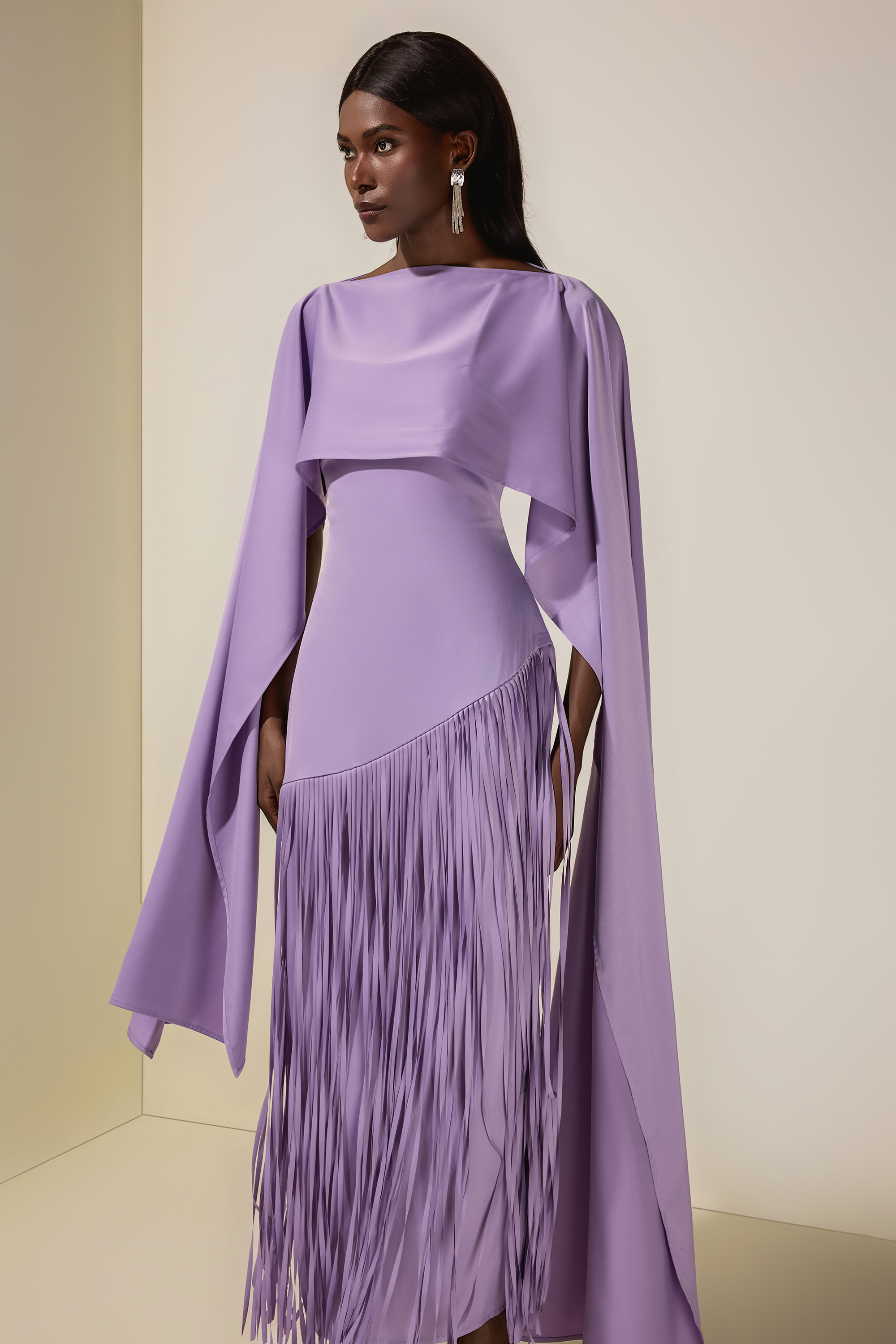 Solid Satin Tassel Maxi Dress With Cape