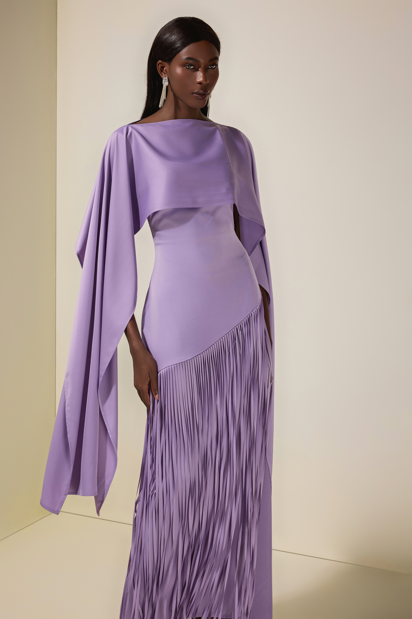 Solid Satin Tassel Maxi Dress With Cape