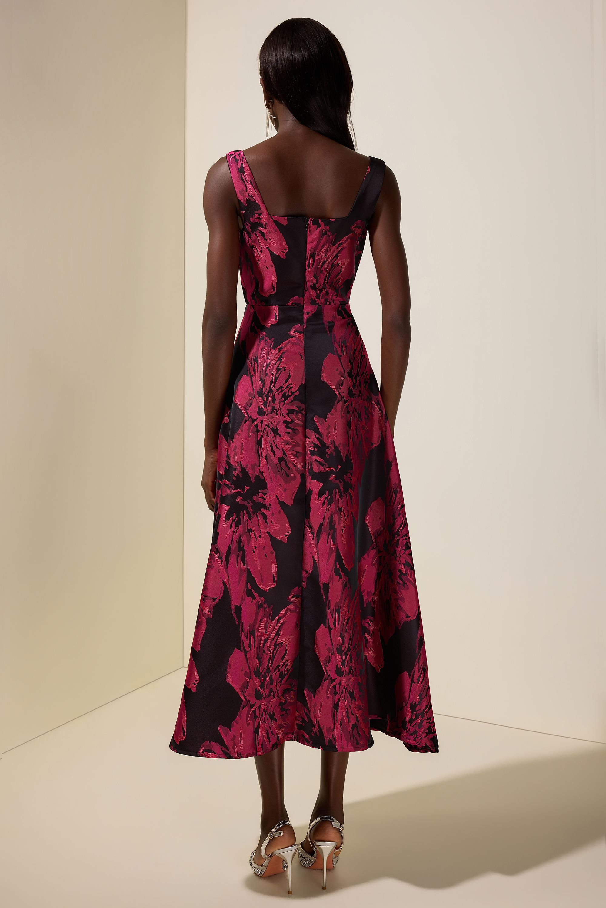 Jacquard Square Collar Sleeveless Midi Dress