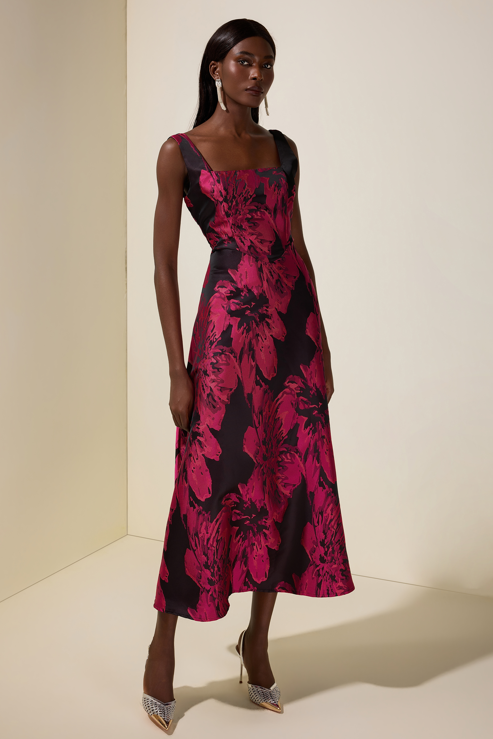 Jacquard Square Collar Sleeveless Midi Dress