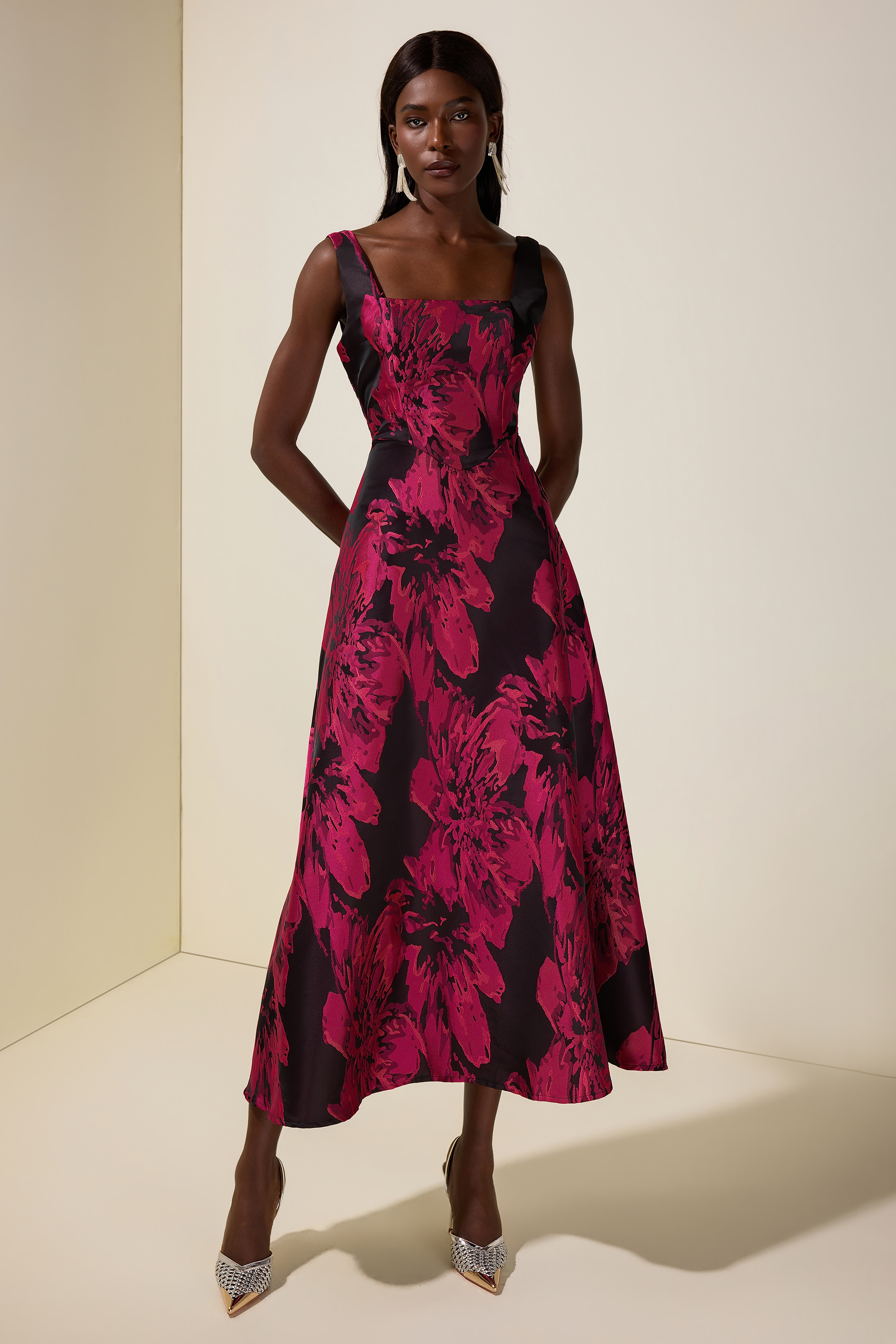 Jacquard Square Collar Sleeveless Midi Dress