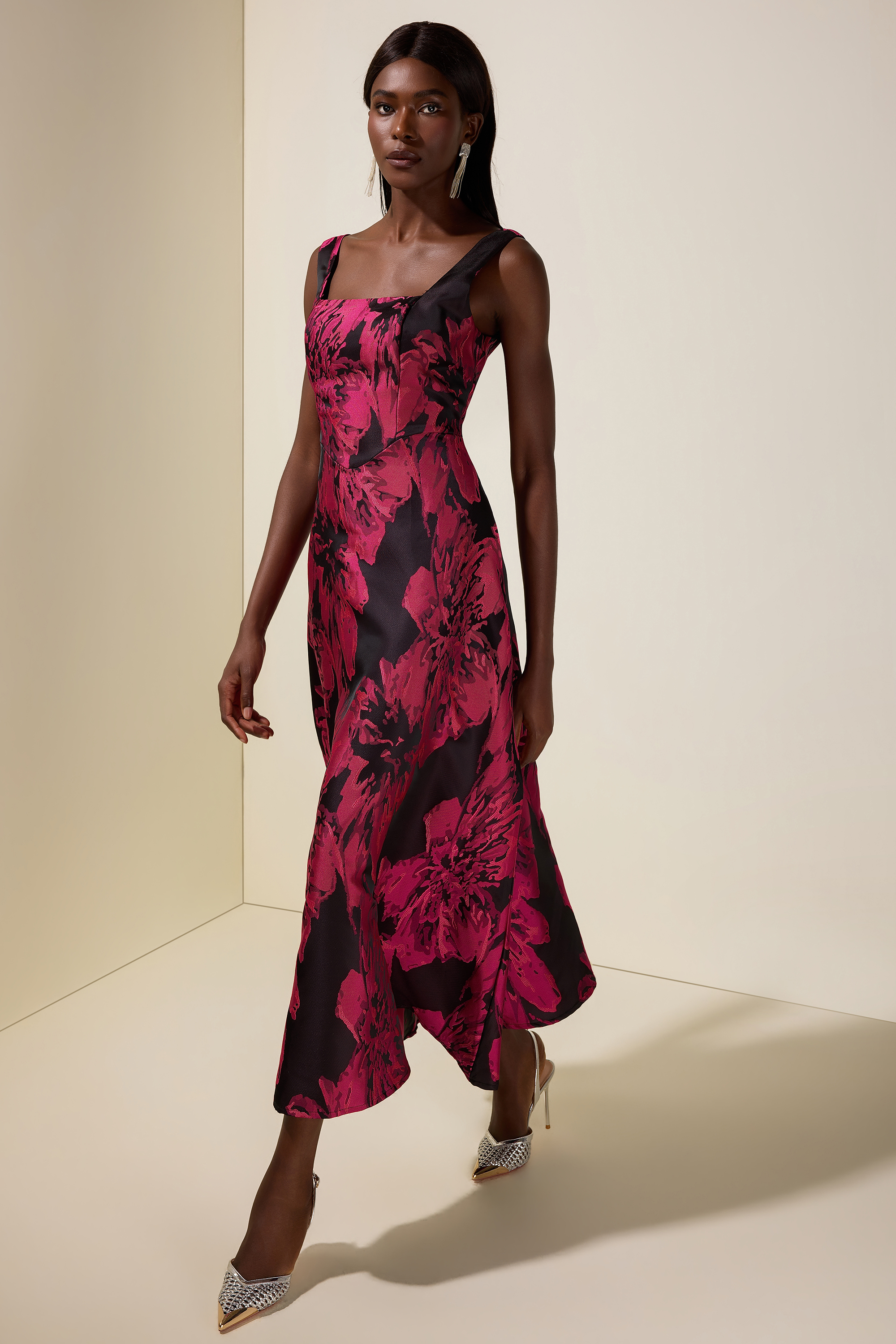 Jacquard Square Collar Sleeveless Midi Dress