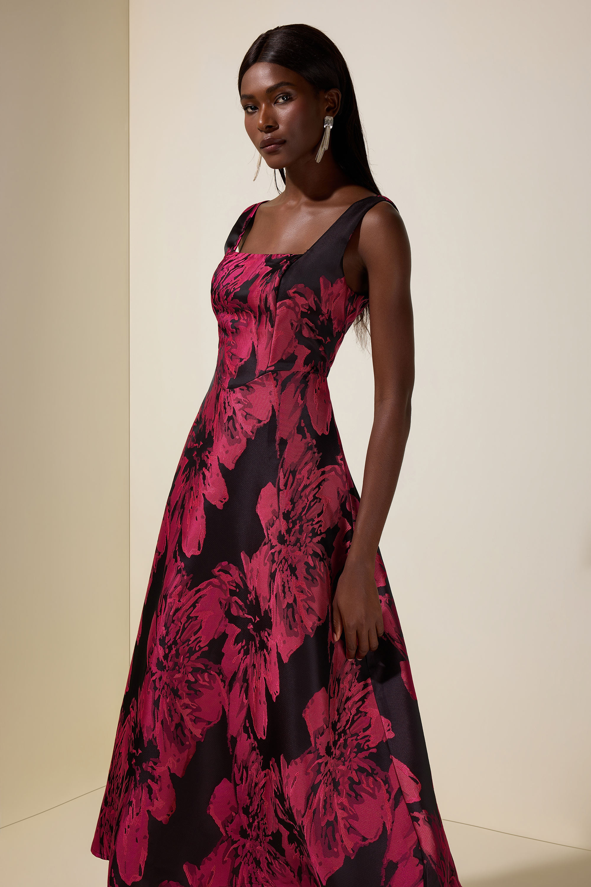 Jacquard Square Collar Sleeveless Midi Dress