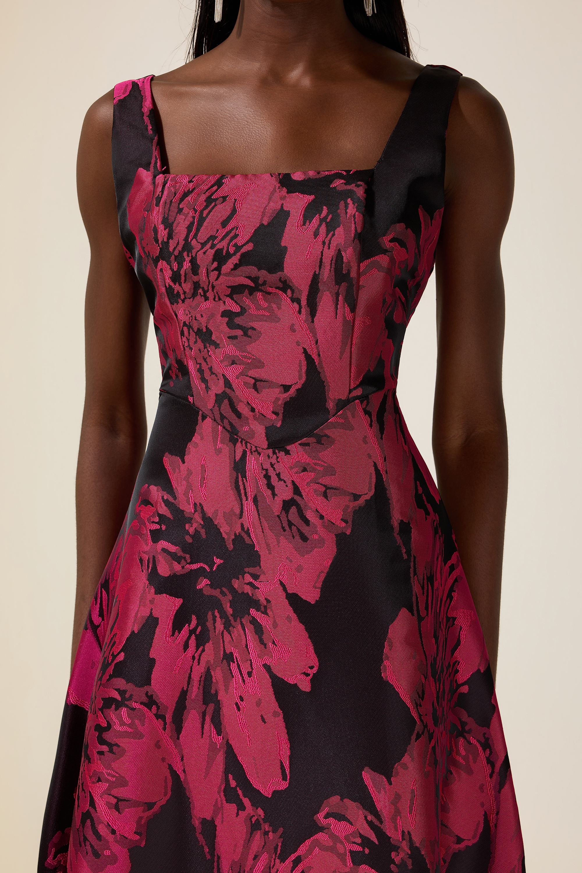 Jacquard Square Collar Sleeveless Midi Dress